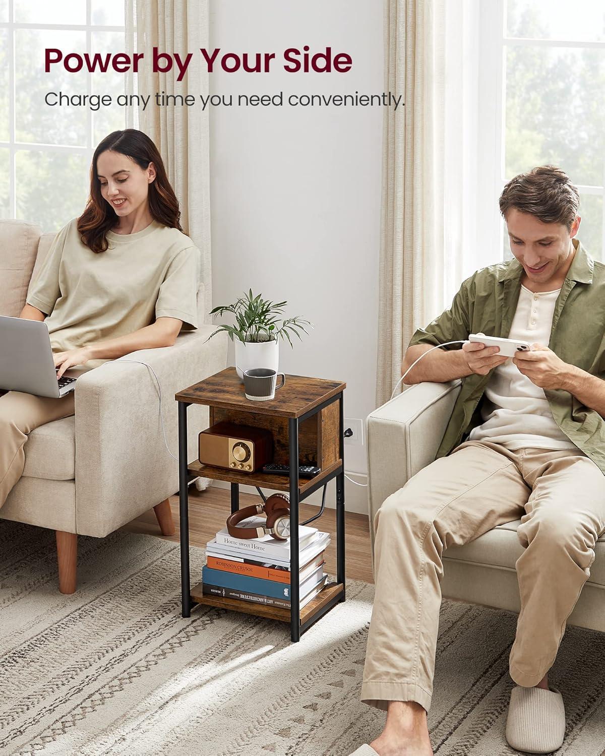 Rustic Rectangular Metal and Wood End Table with Charging Station