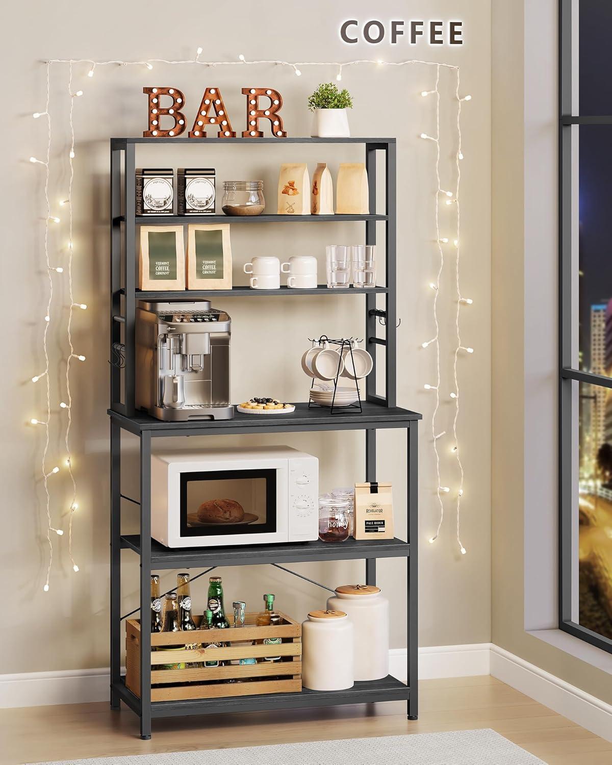 31.5 Inches Coffee Bar Baker's Rack for Kitchen with Storage, 6-Tier Shelves with 6 Hooks, Microwave Stand, Industrial Style, Charcoal Gray and Black UKKS019B22