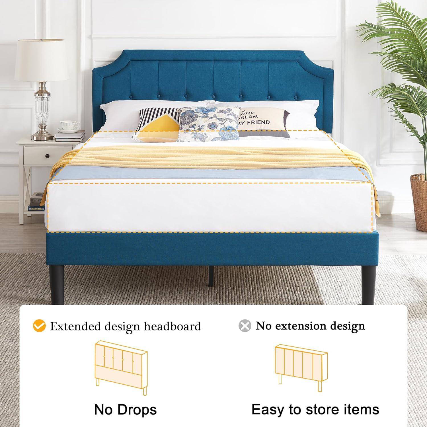 VECELO Queen Size Platform Bed Frame with Fabric Upholstered Headboard and Wooden Slats Support, No Box Spring Needed/Easy Assembly,Beige