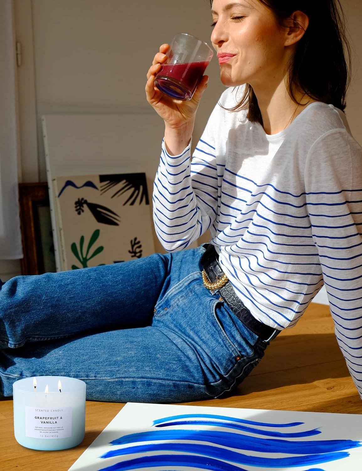 Grapefruit Vanilla Aromatherapy Candle 3 Wick Large Soy Scented Candles for Men and Women 15.8 Oz