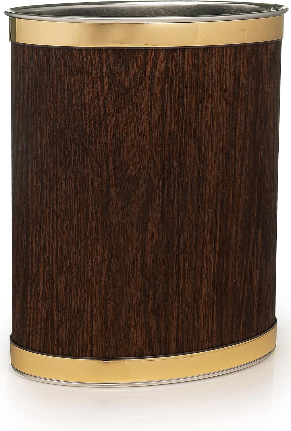 Made in USA 5-Gallon Sleek and Stylish Vinyl Mylar Waste Basket (13" X 11") (Walnut With Gold Trim)