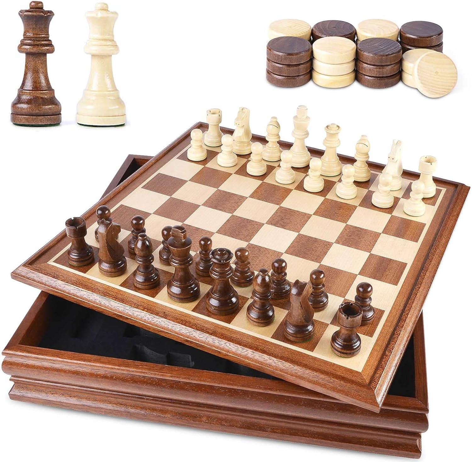 VAMSLOVE Chess and Checkers Board Game Sets for Adults Wooden Deluxe 15 inch Wood Board Box with Storage, Classic 2 in 1 Large Size with Chess Pieces - 3” King Height - 2 Extra Queens