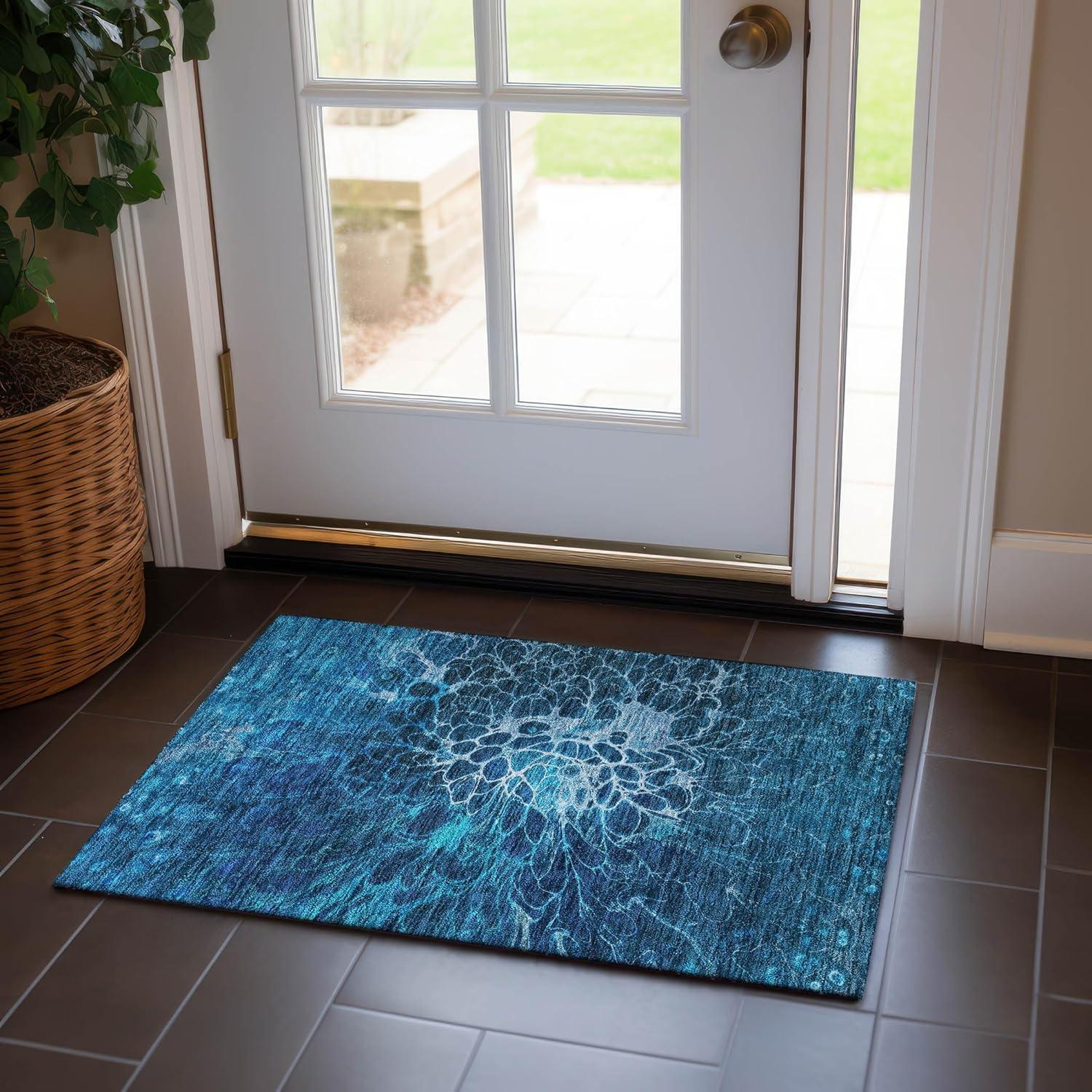 Navy and White Synthetic Washable Indoor/Outdoor Rug