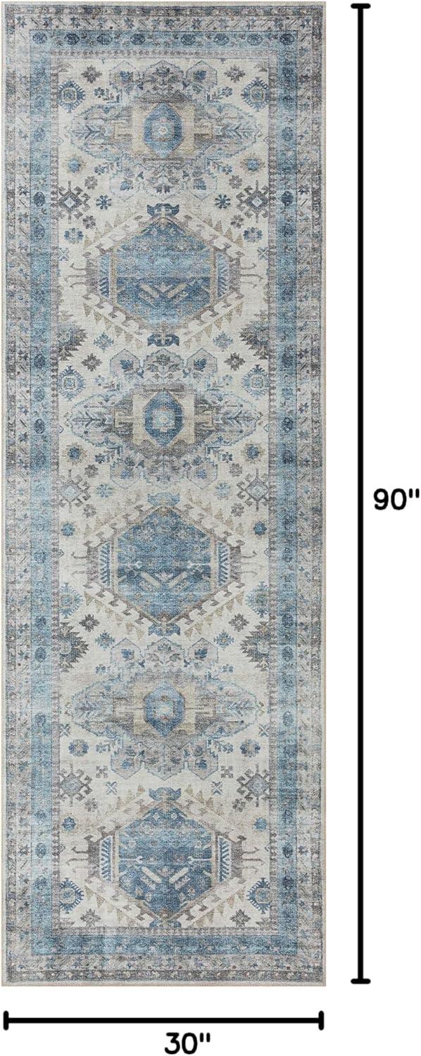 Ivory Medallion Runner Rug in Wool and Synthetic Blend, 30x90