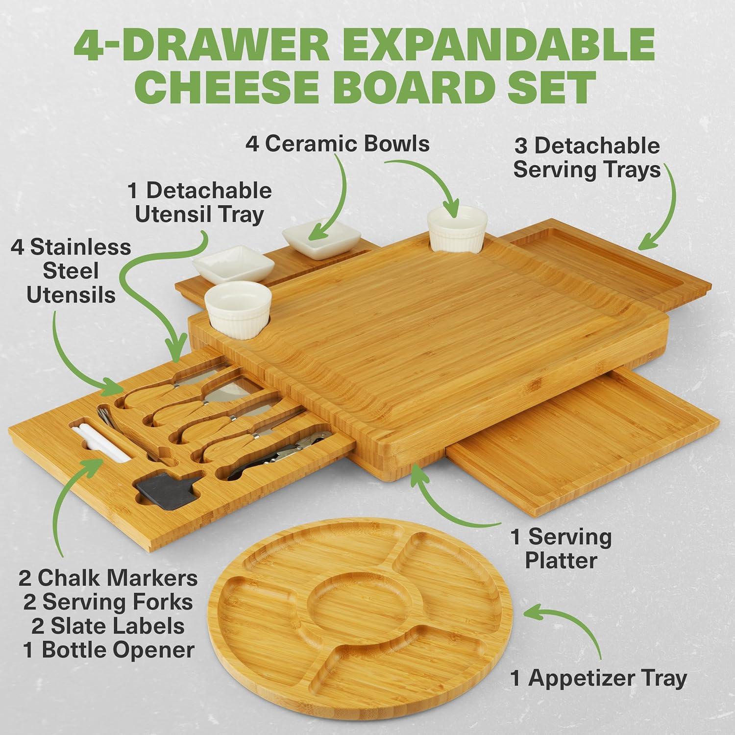 Dynamic Gear with Expandable Bamboo Cheese Board & Stainless Steel Serving Utensils,Brown