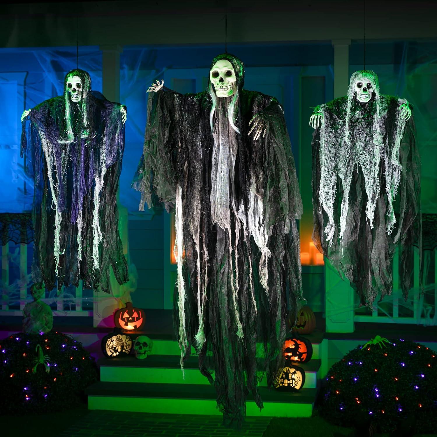 Nmdmisc 3 Pack Hanging Halloween Skeleton Ghosts Decorations,Halloween Hanging Ghost Electric Luminous Horror Decorations Haunted House Confidential Room Scene Layout Outdoor Hanging Props