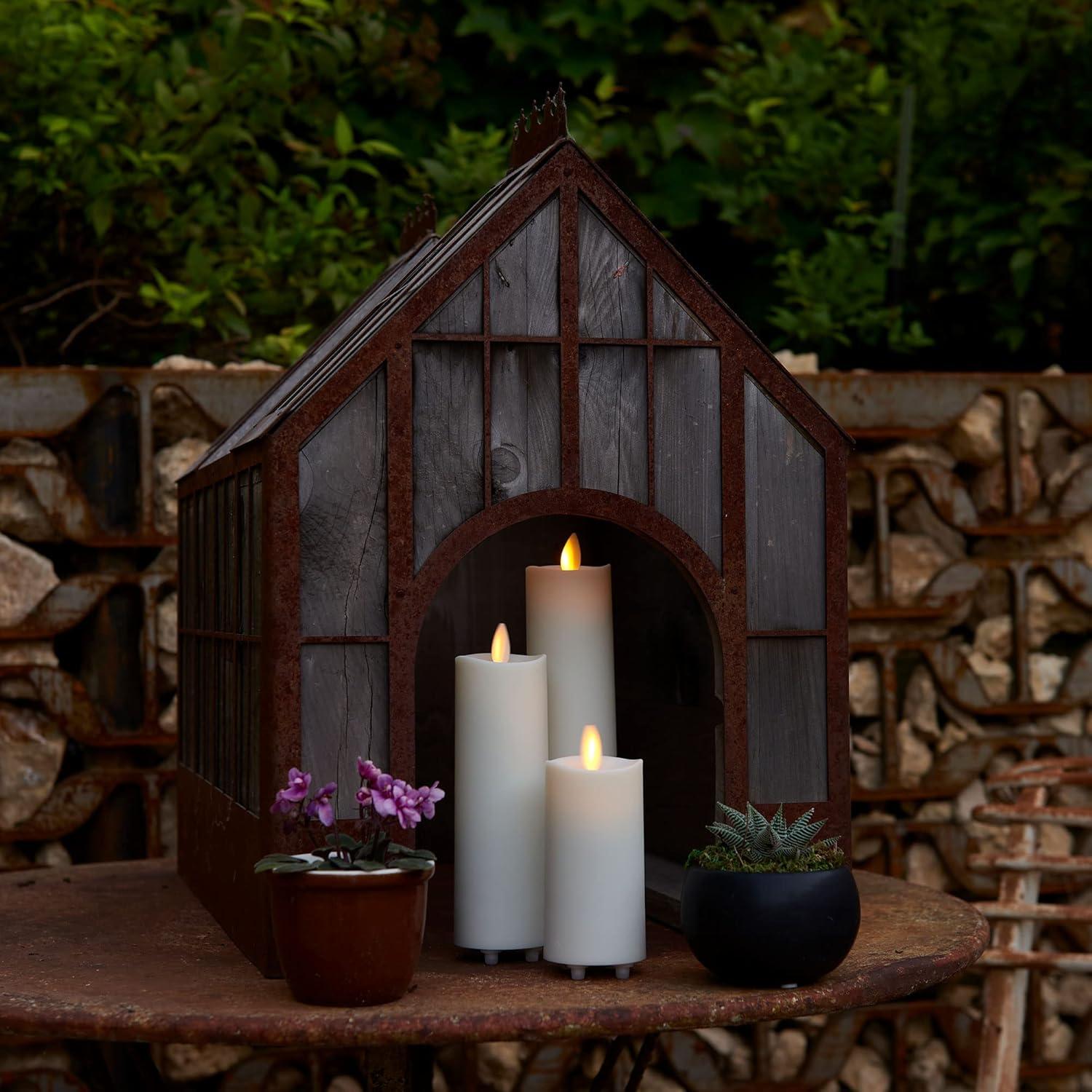 Luminara Outdoor Slim Pillar Flameless LED Candle, Set of 3 Ivory, Moving Flame Weather Resistant Remote Timer Ready Battery Operated Safe Melted Edge