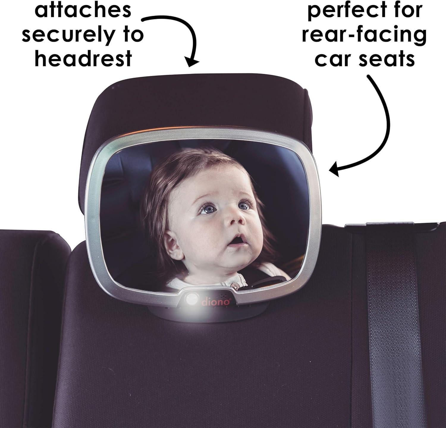 Diono Easy View Plus Baby Car Mirror with Light, For Rear Facing Infant with 360 Rotation, Silver