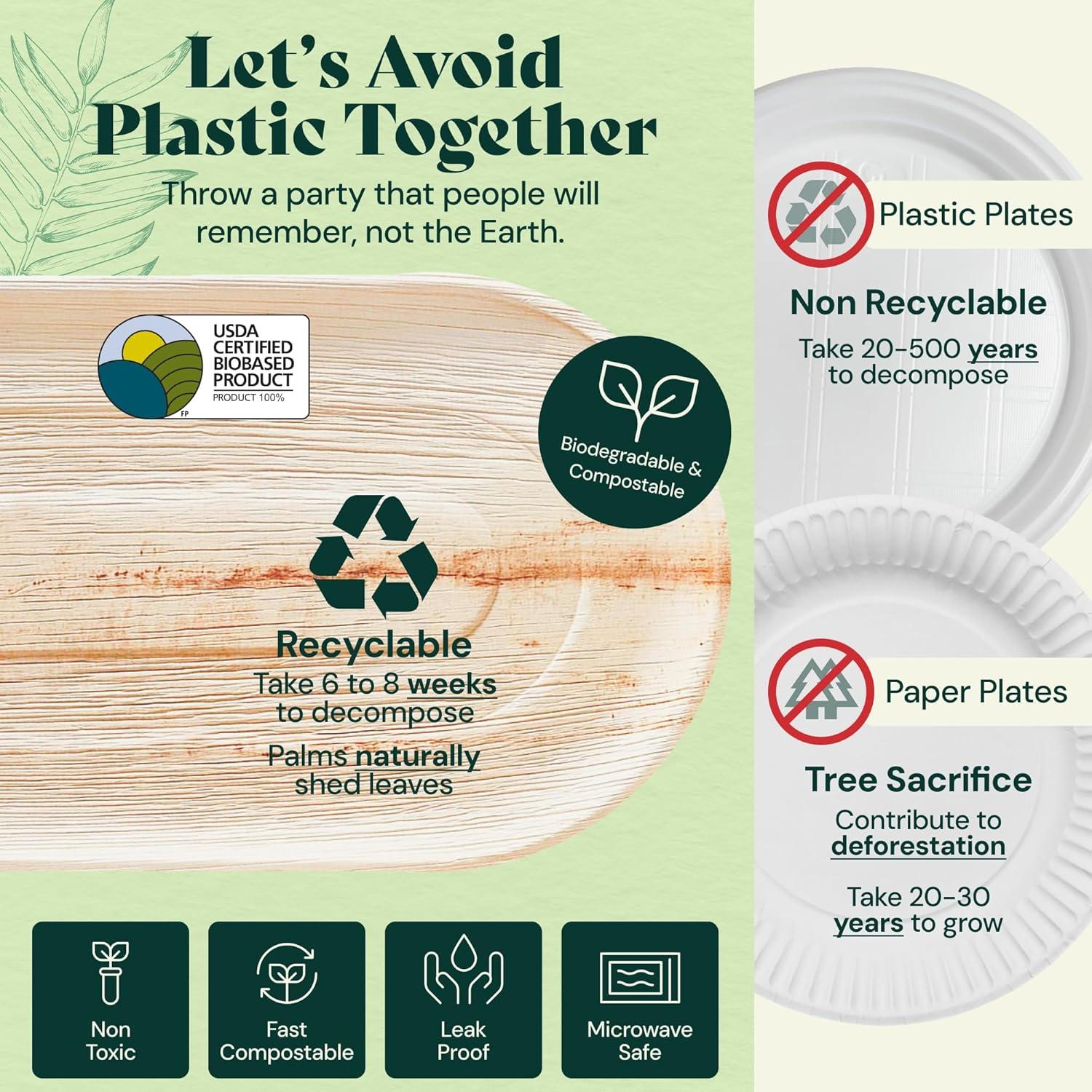 Chic Leaf Disposable Palm Leaf Trays, 17" x 12", 10 Pack, Compostable, Eco-Friendly Platters Charcuterie Board