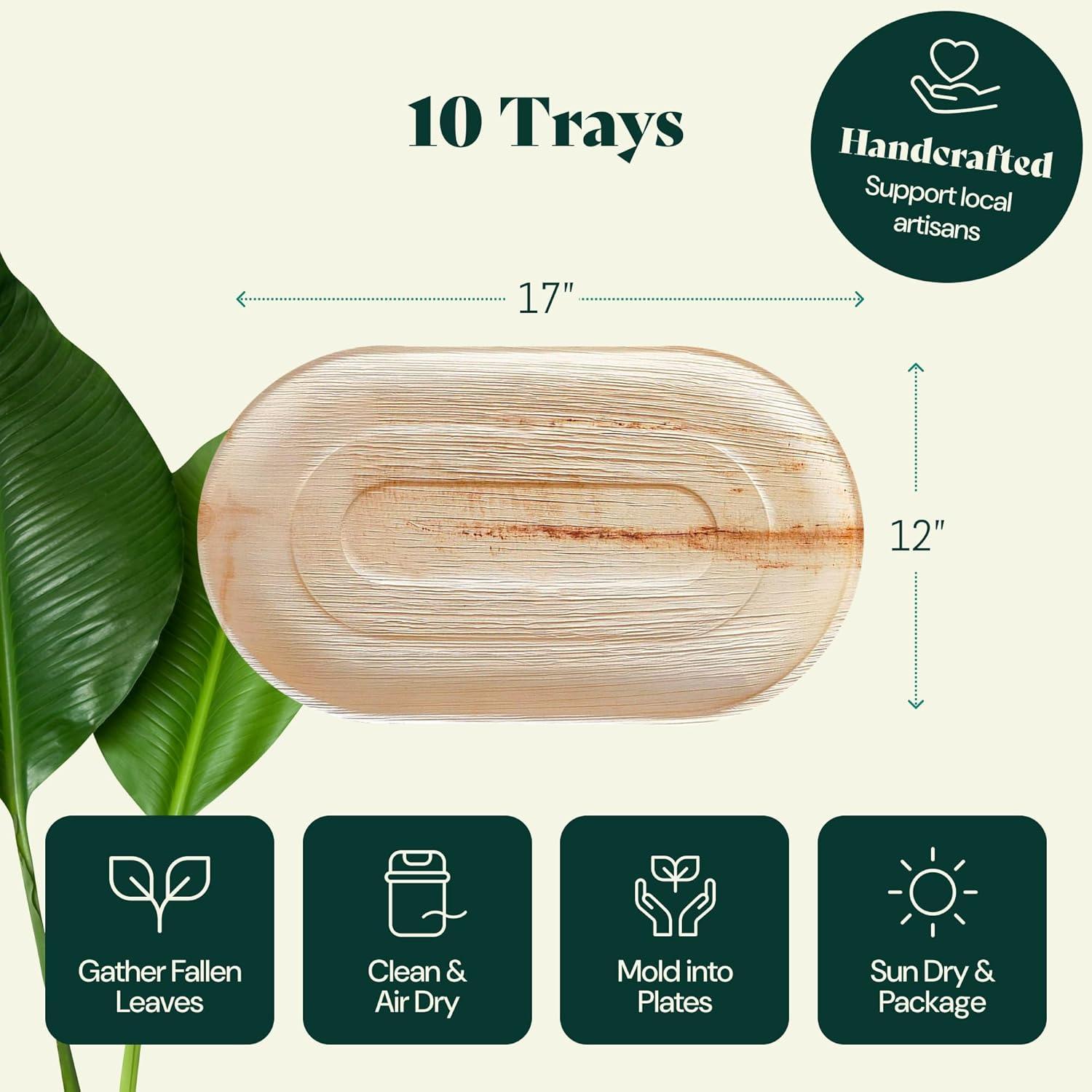 Chic Leaf Disposable Palm Leaf Trays, 17" x 12", 10 Pack, Compostable, Eco-Friendly Platters Charcuterie Board