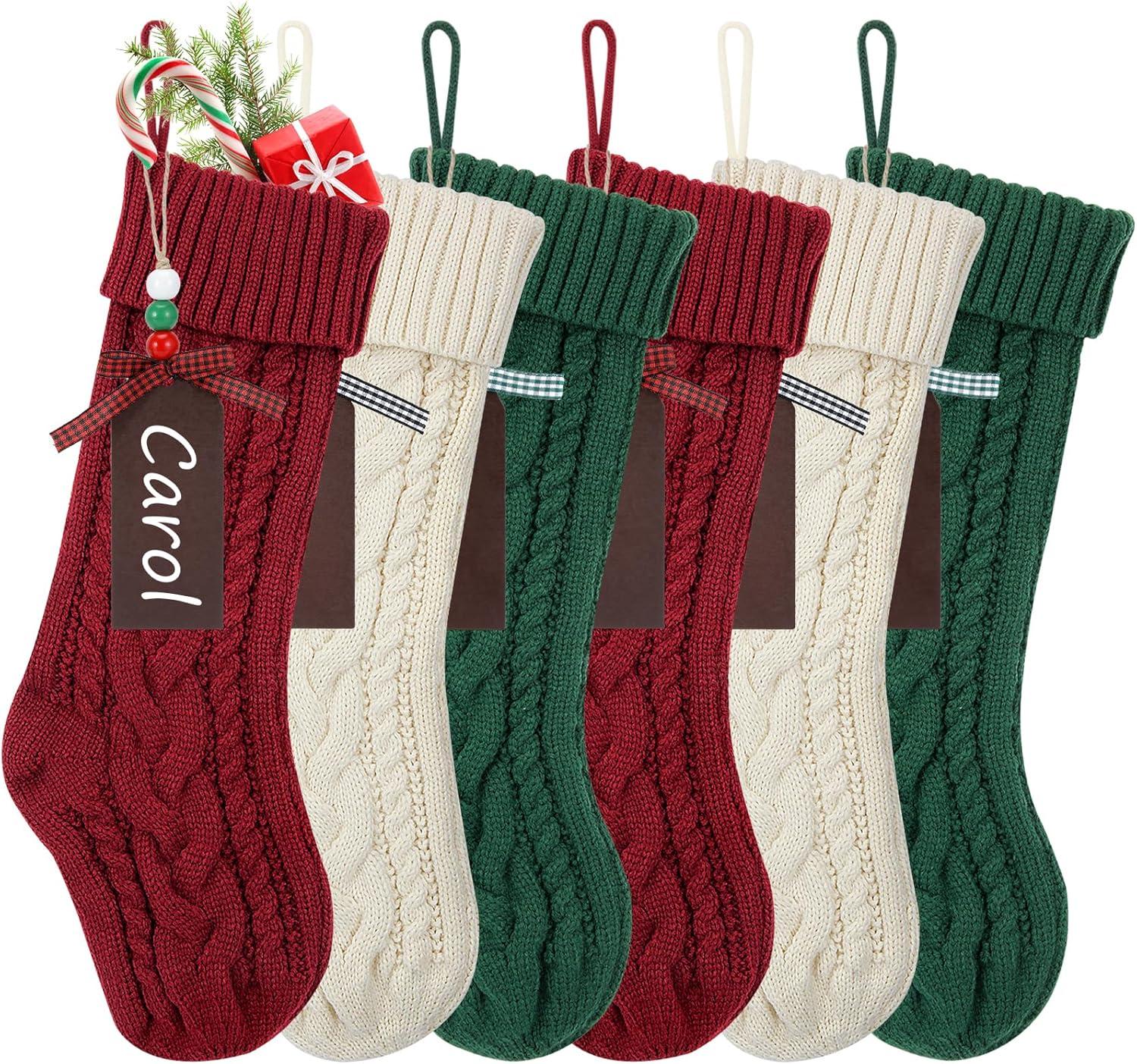 Set of 6 Large Knit Christmas Stockings in Red, Green, and Cream