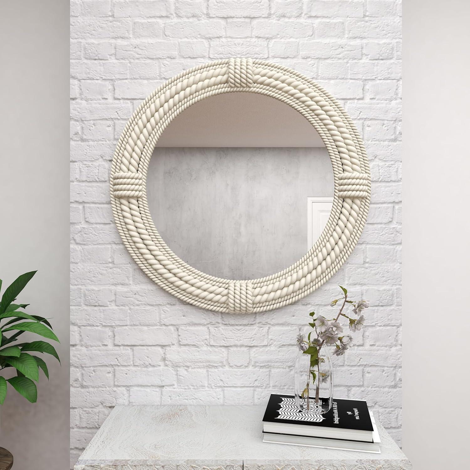 DecMode 36" x 36" White Coiled Rope Wall Mirror with Wrapped Rope Accents