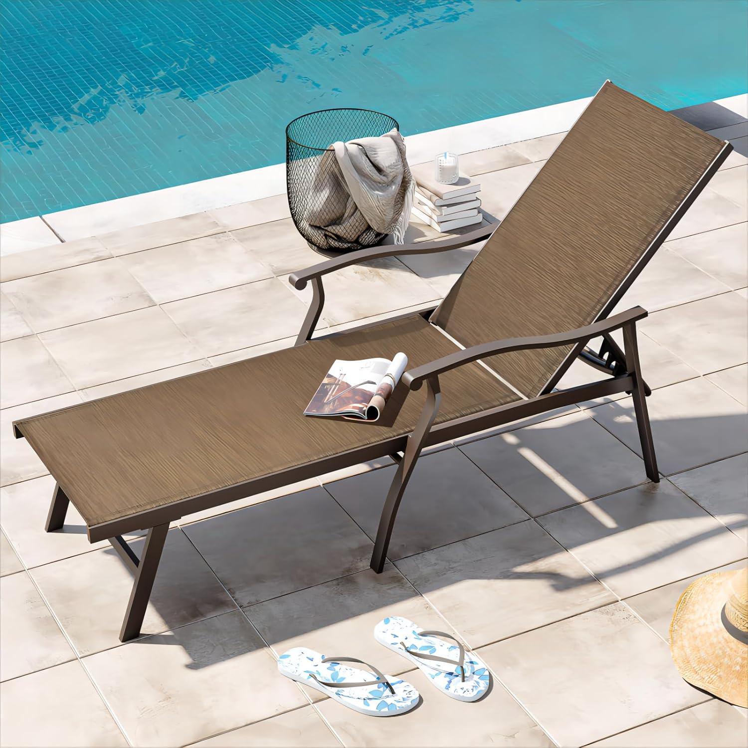 Outdoor Aluminum Adjustable Chaise Lounge Chair with Arms - Brown - Crestlive Products