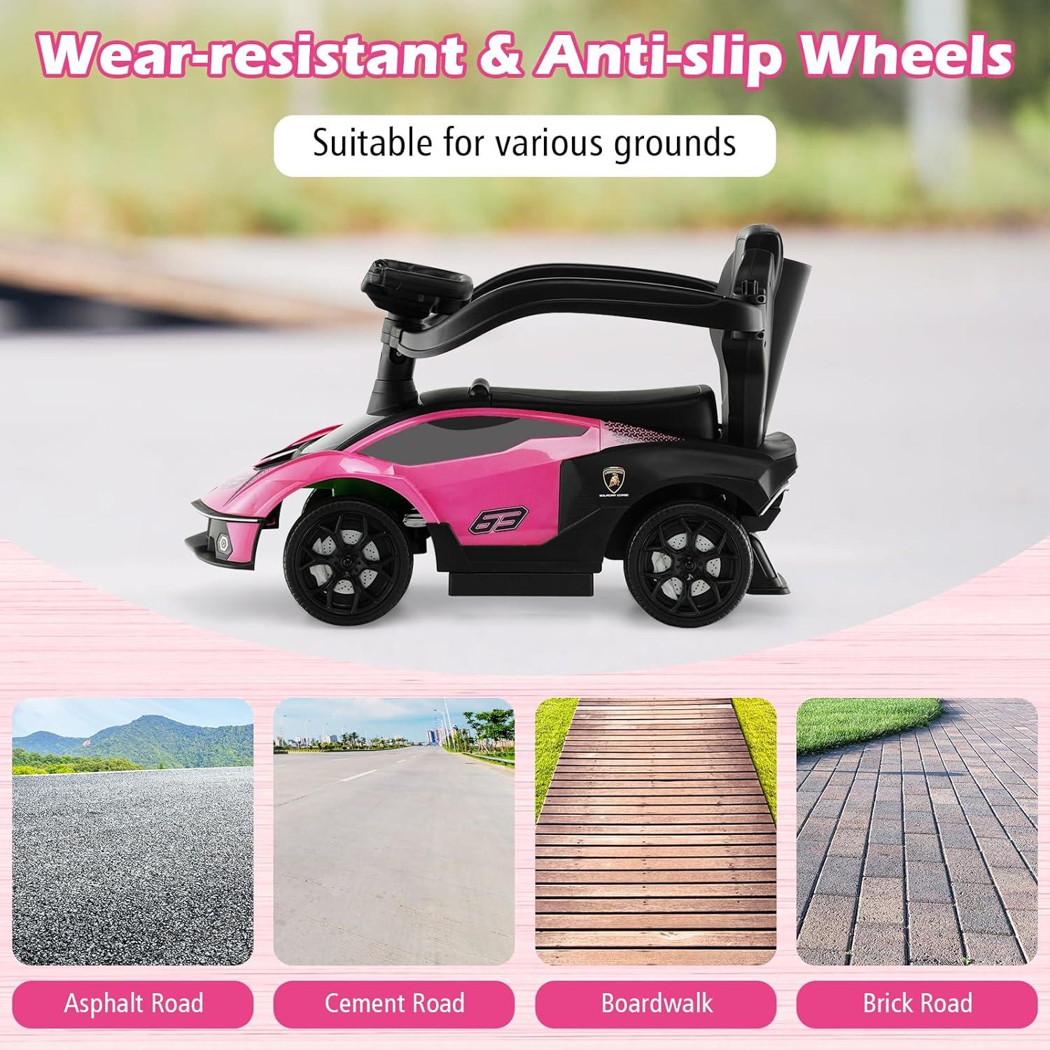 Costway 3-in-1 Licensed Lamborghini Ride on Push Car Stroller Sliding Car w/ Sound Pink