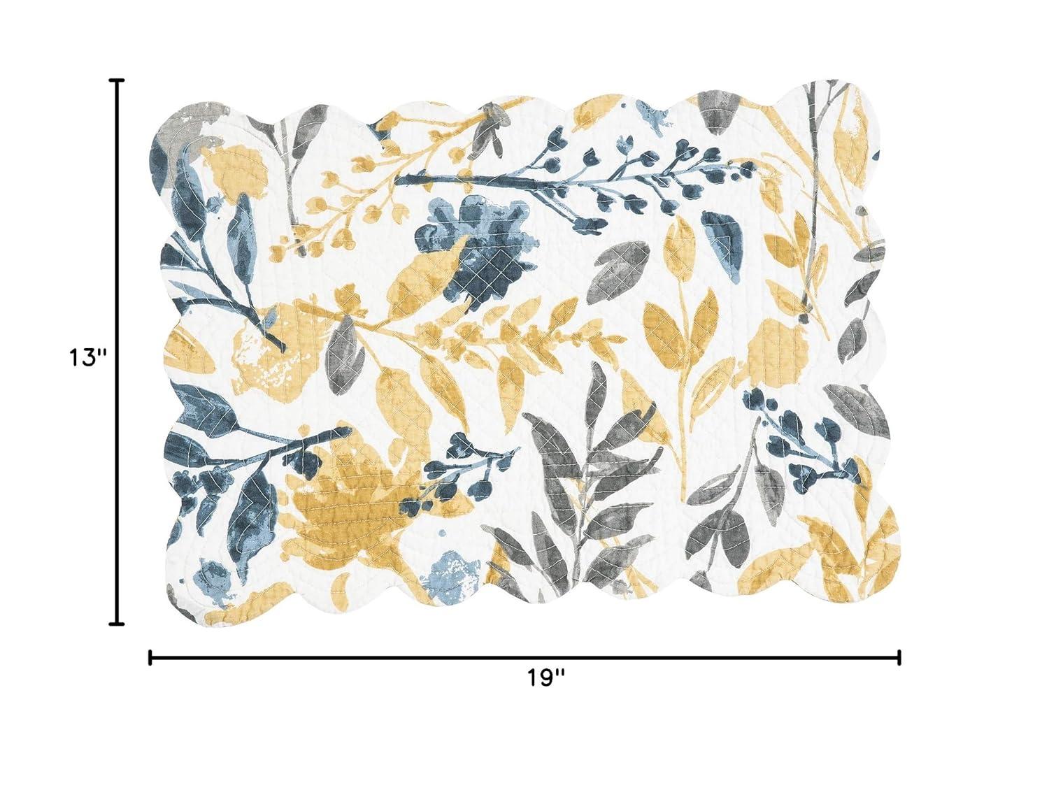 Natural Cotton Quilted Floral Rectangular Placemats in Yellow and Blue