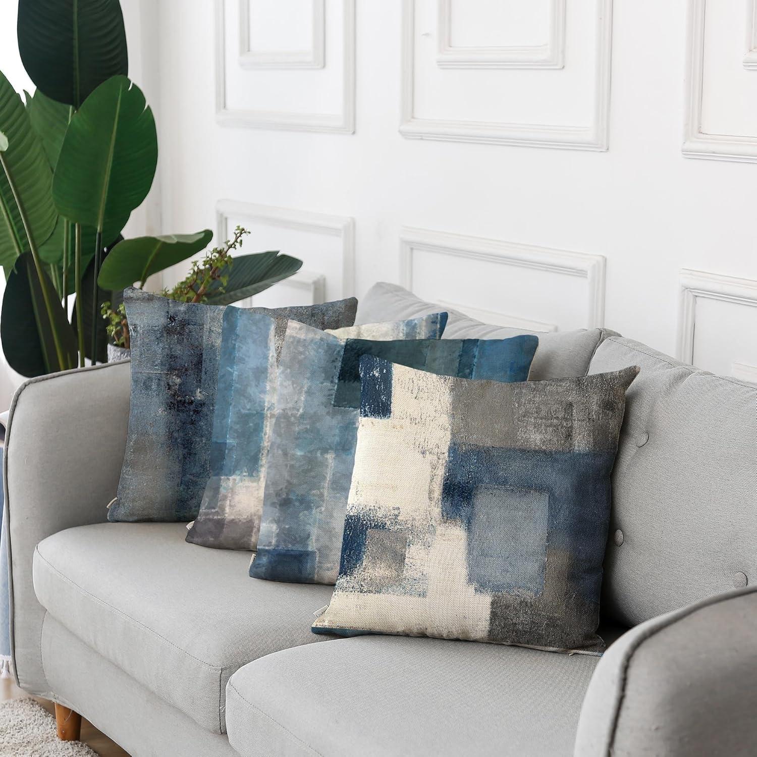 Emvency Set of 4 Throw Pillow Covers Blue and Grey White Modern Abstract Artwork Contemporary Decorative Gray Cushion Sofa Bedroom Car Decor Pillow Cases Home Square 16x16 Inches Pillowcases