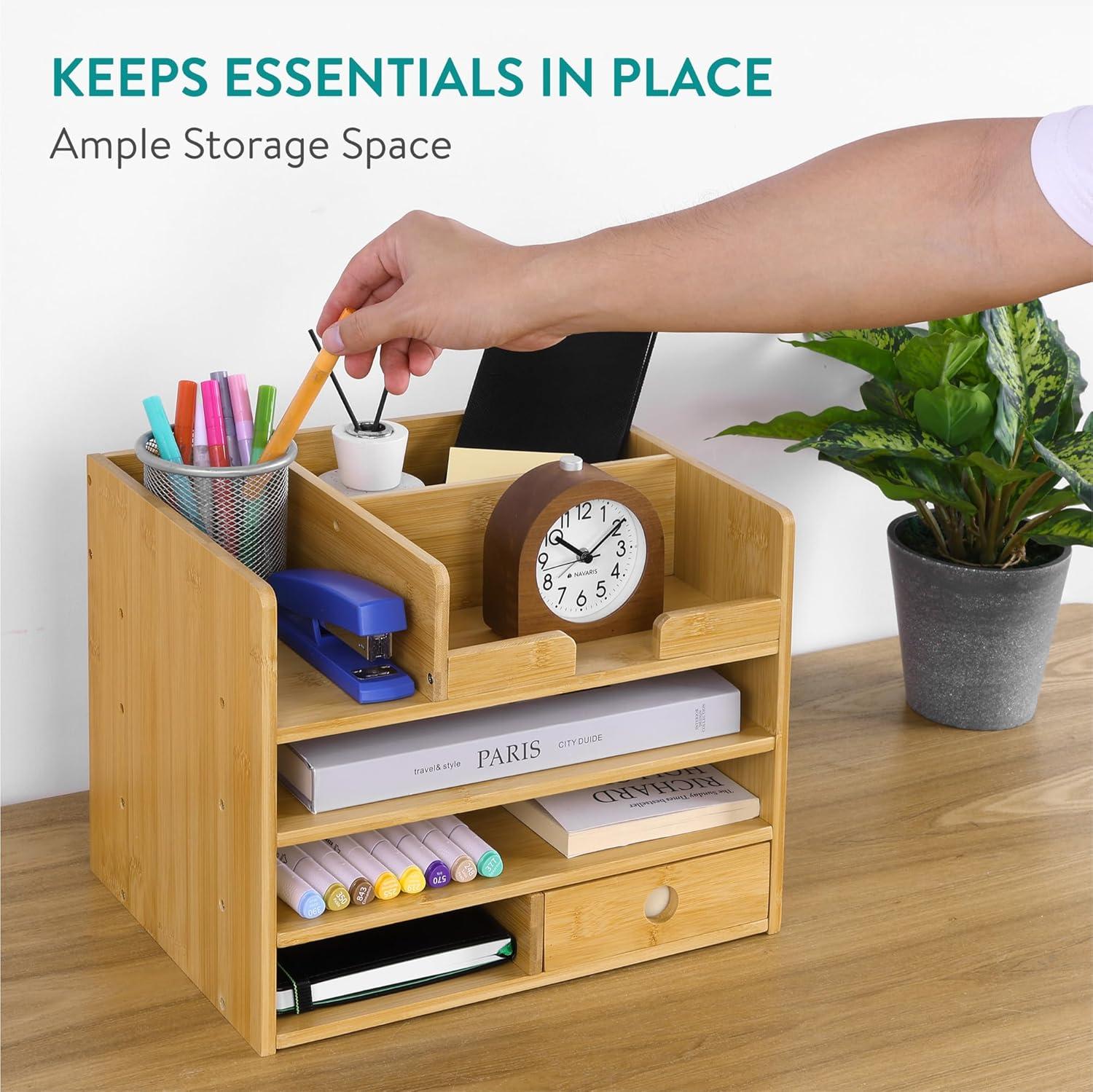 Navaris Bamboo Desk Organizer - Wood Desktop Storage Drawers and Compartments for Organizing Stationery, Documents, Files, Office Accessories
