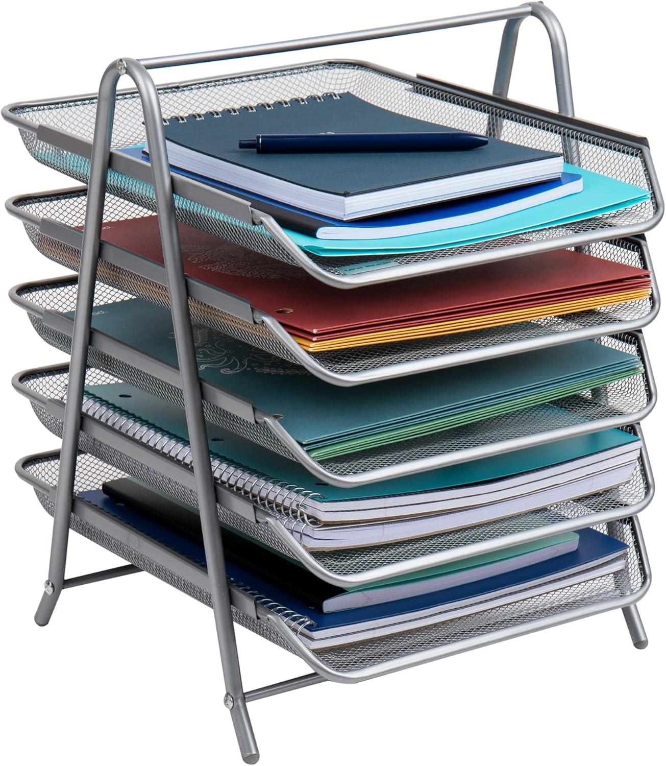 Silver 5-Tier Steel Mesh Letter Tray Organizer