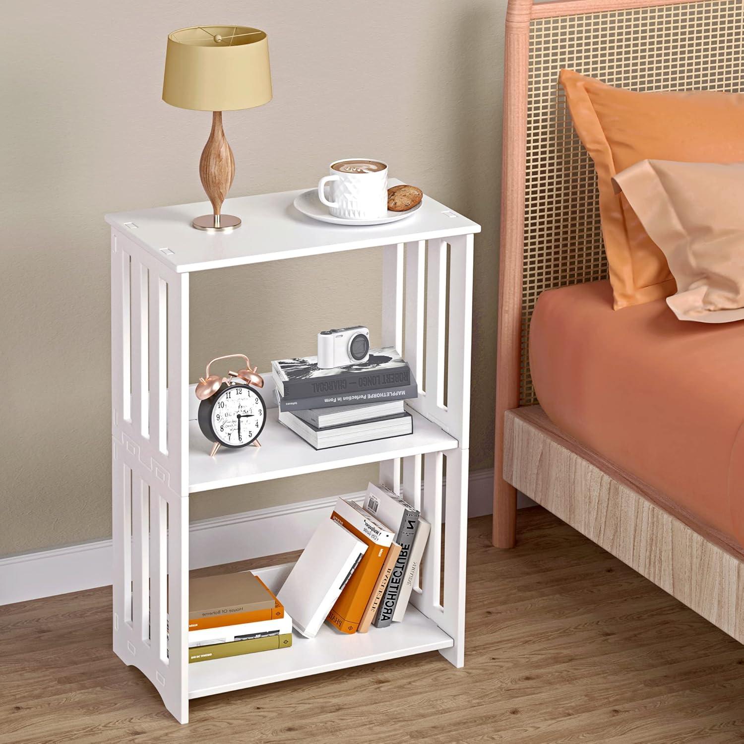 White PVC 3-Tier Minimalist End Table with Storage Shelves