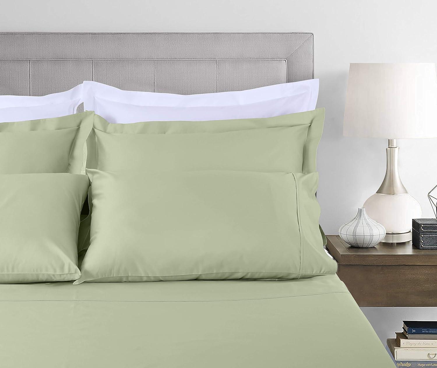 Threadmill Home Linen Cotton Queen Size Bed Sheet Set, Solid Sateen, Deep Pocket, 4 Pc, Sage Green