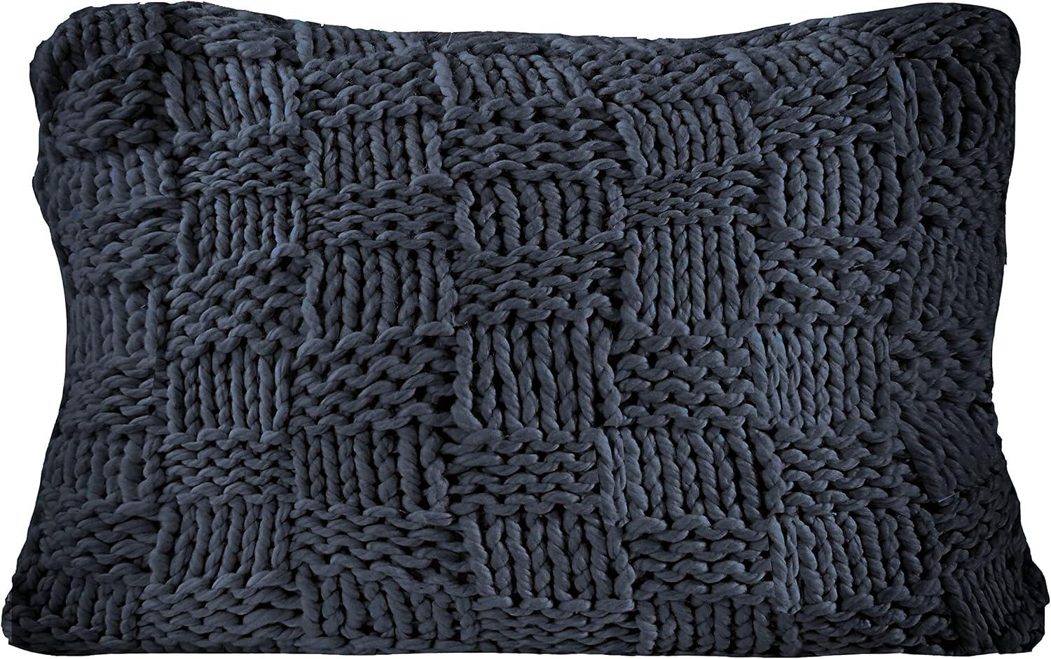 HiEnd Accents Chess Knit Dutch Euro Pillow with Feather Insert, 28x38 inch, Navy Solid Color, Modern Farmhouse Rustic Style Soft Cozy Luxury Throw Decorative Accent Pillow