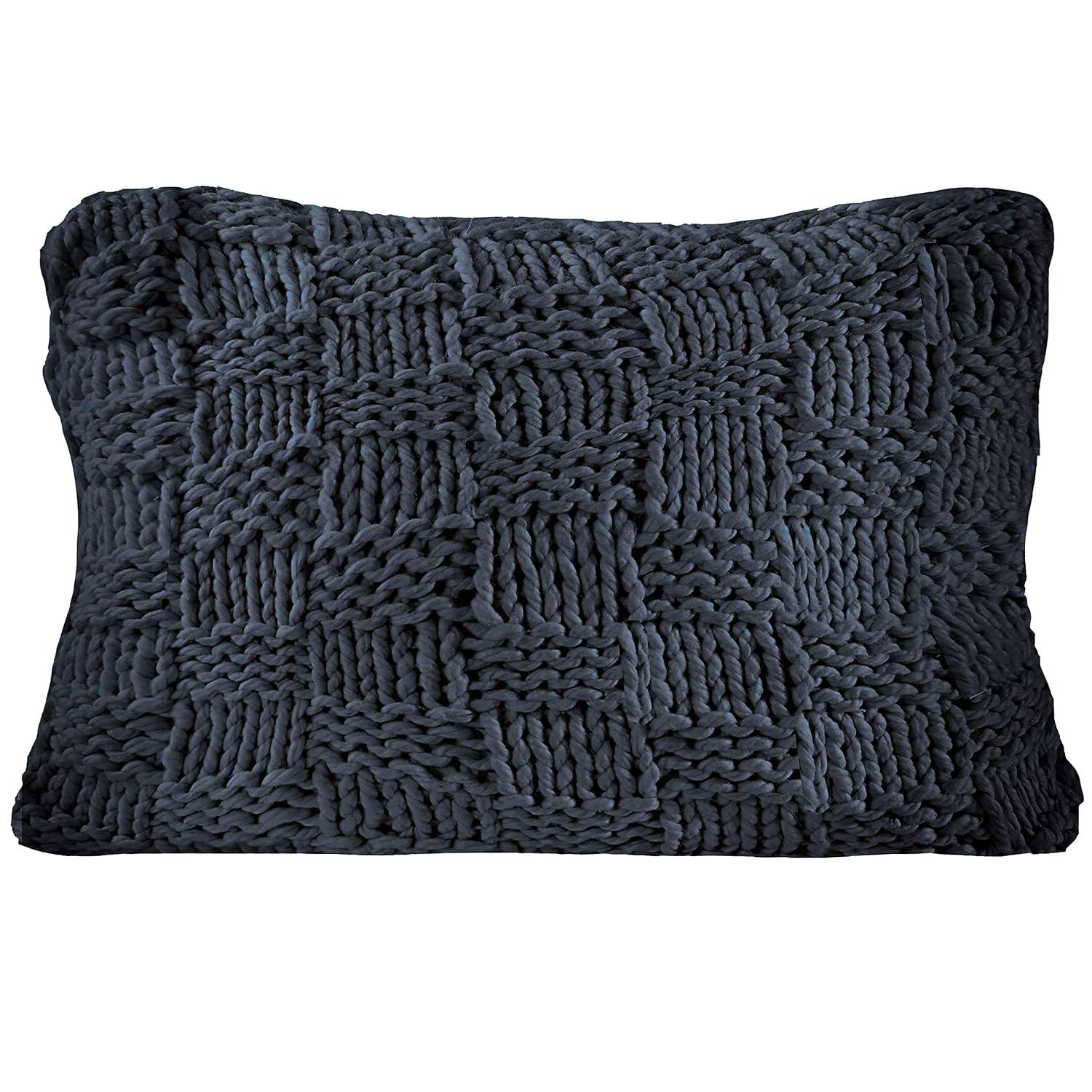 HiEnd Accents Chess Knit Dutch Euro Pillow with Feather Insert, 28x38 inch, Navy Solid Color, Modern Farmhouse Rustic Style Soft Cozy Luxury Throw Decorative Accent Pillow