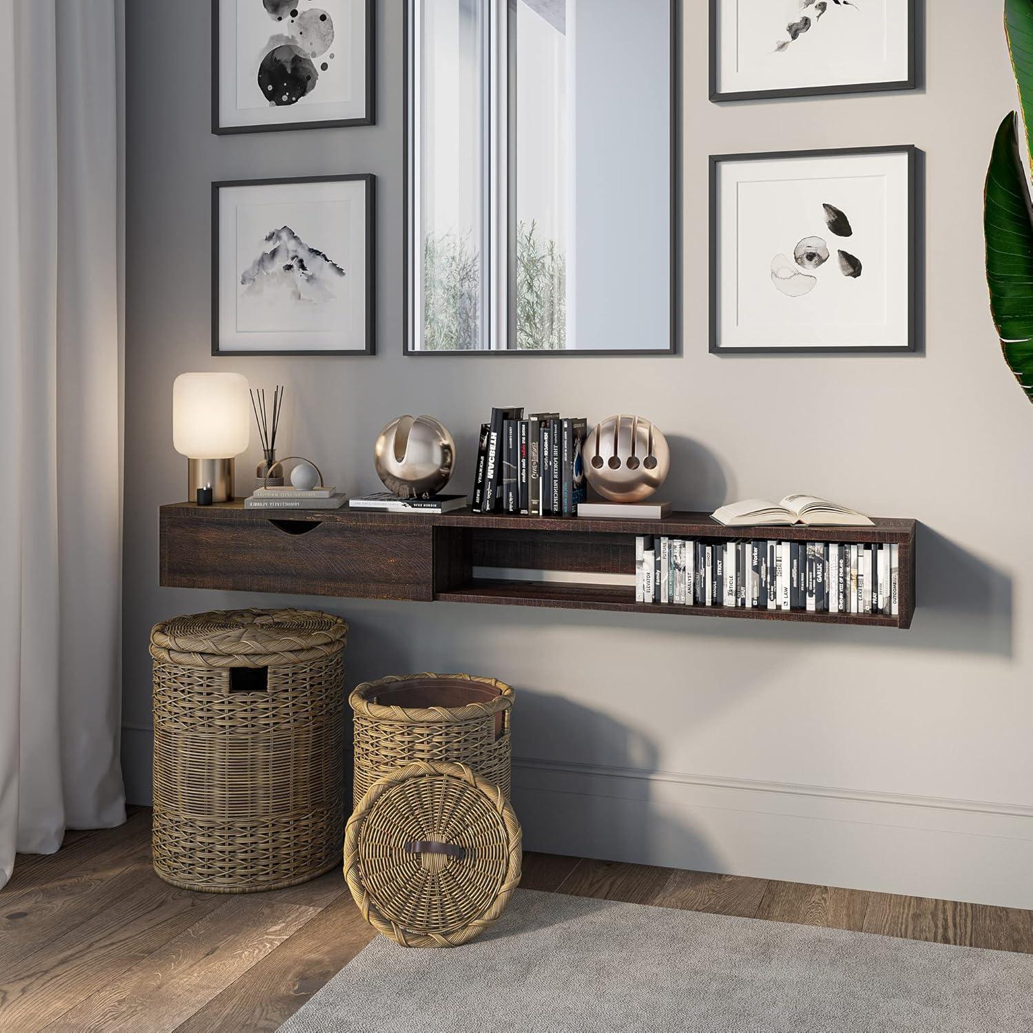 BELLEZE Modern Floating Wall Mounted 60 Inch TV Console With Built-In Shelf & Drawer, Space Saving Decorative Contemporary Media Storage, For Up To 100lbs - Beckett (Espresso)