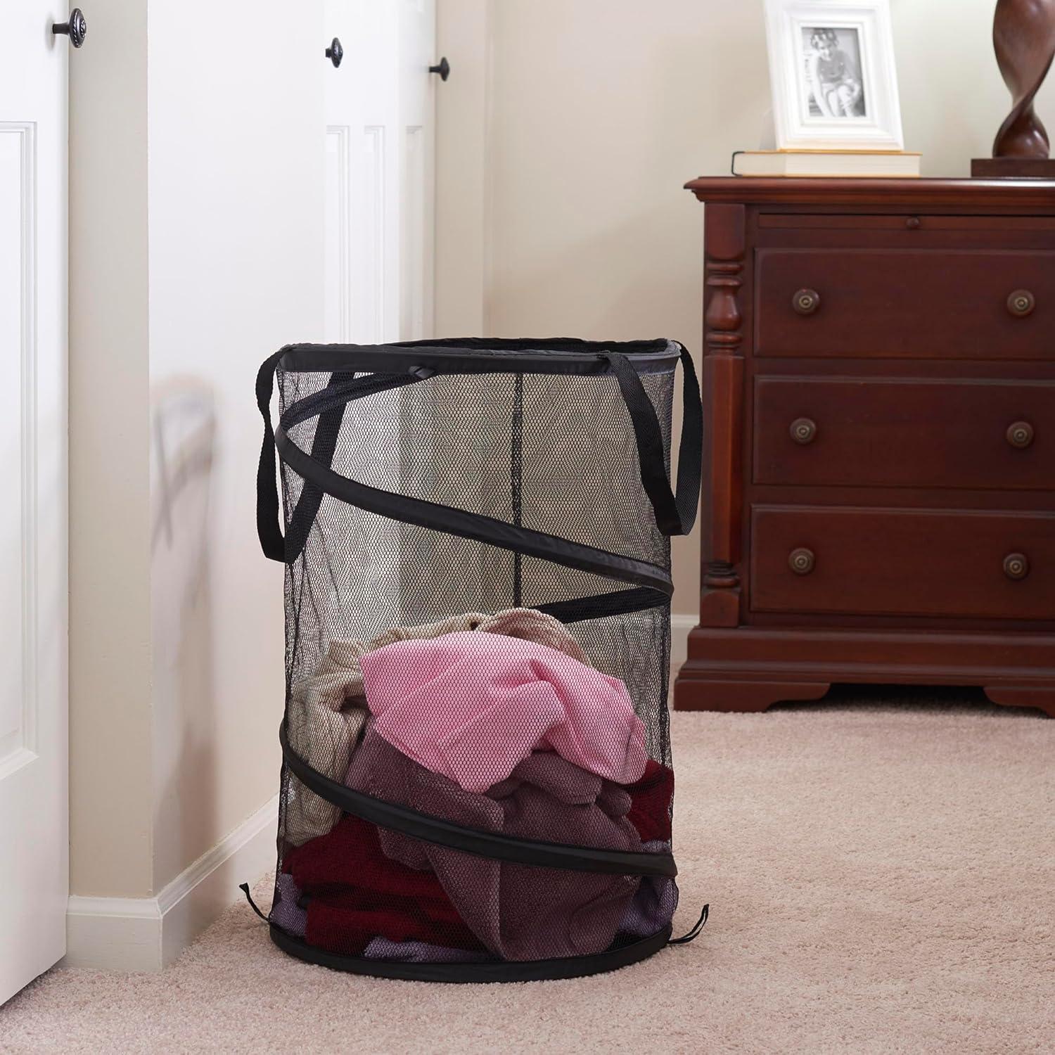 Pop-Up Mesh Laundry Hamper, Springform Steel Frame, Mesh Lining for Air Circulation, Large Capacity, Easy Set-Up, Compact Storage, Black