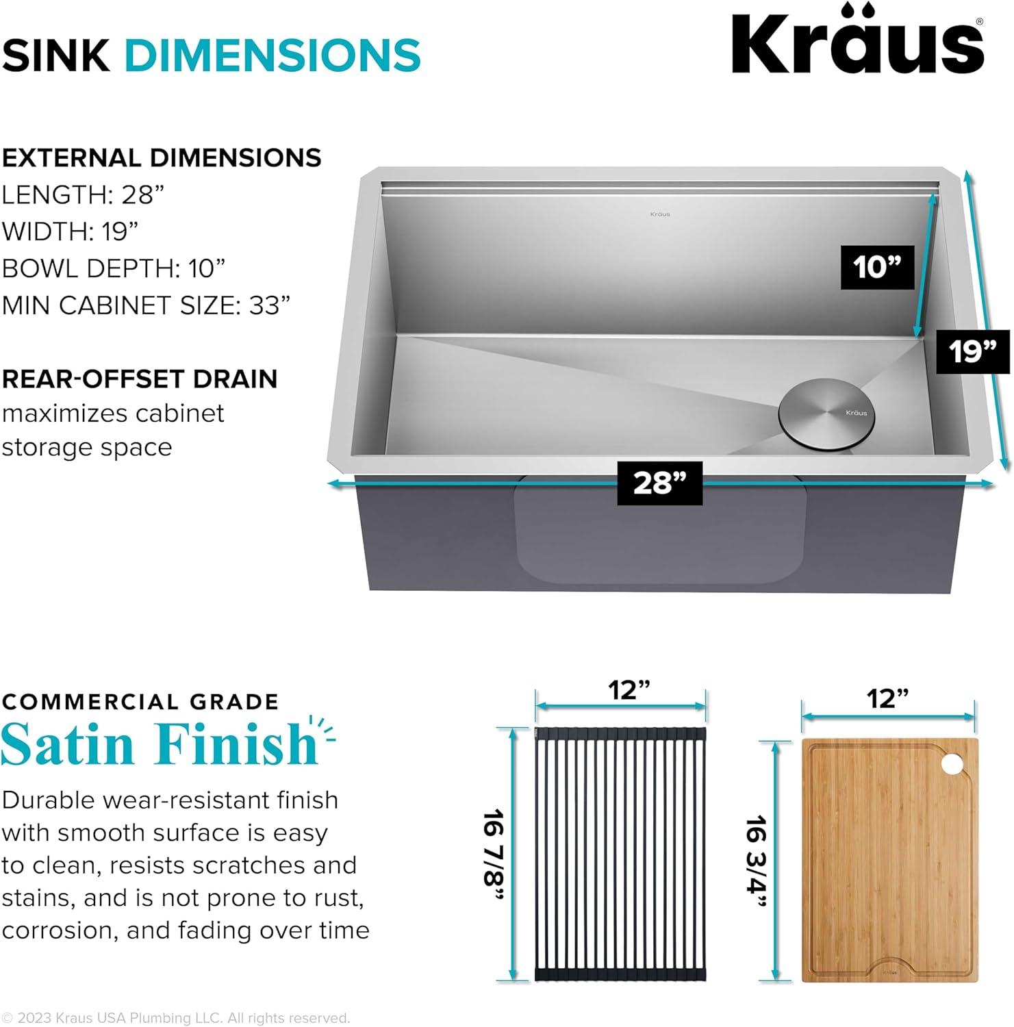 KRAUS Kore™ 28" L Undermount Workstation 16 Gauge Stainless Steel Single Bowl Kitchen Sink with Accessories