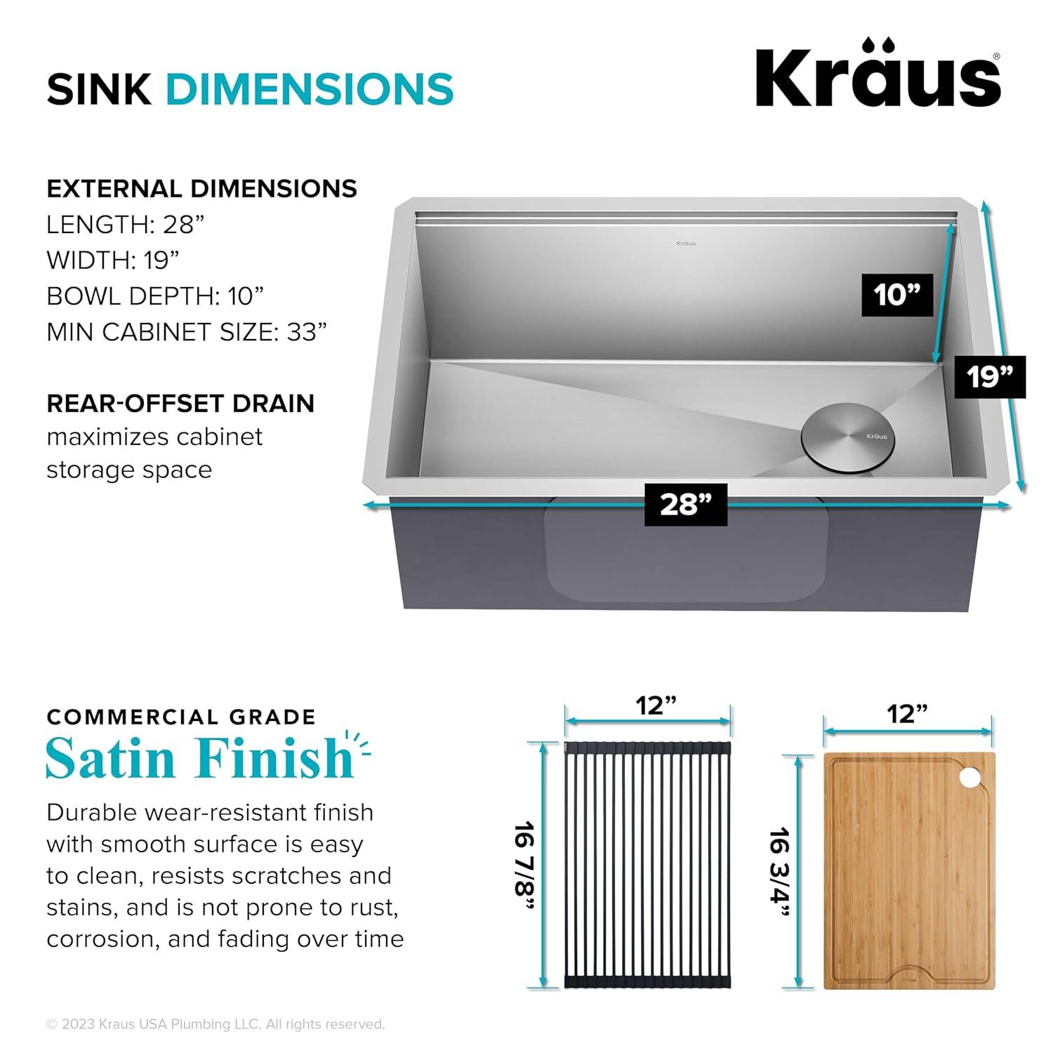 KRAUS Kore™ 28" L Undermount Workstation 16 Gauge Stainless Steel Single Bowl Kitchen Sink with Accessories