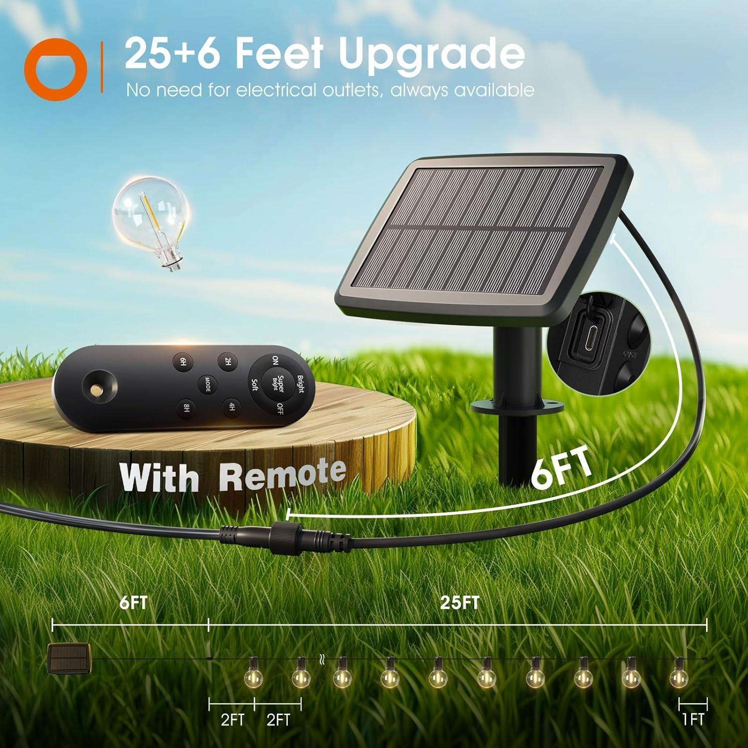 addlon 31FT (25+6) Solar String Lights with Remote, 13 Shatterproof G40 Bulbs, Solar Powered & USB Charging Patio Lights, Dimmable Waterproof Solar Light Outdoor for Camping Porch Backyard Party Decor
