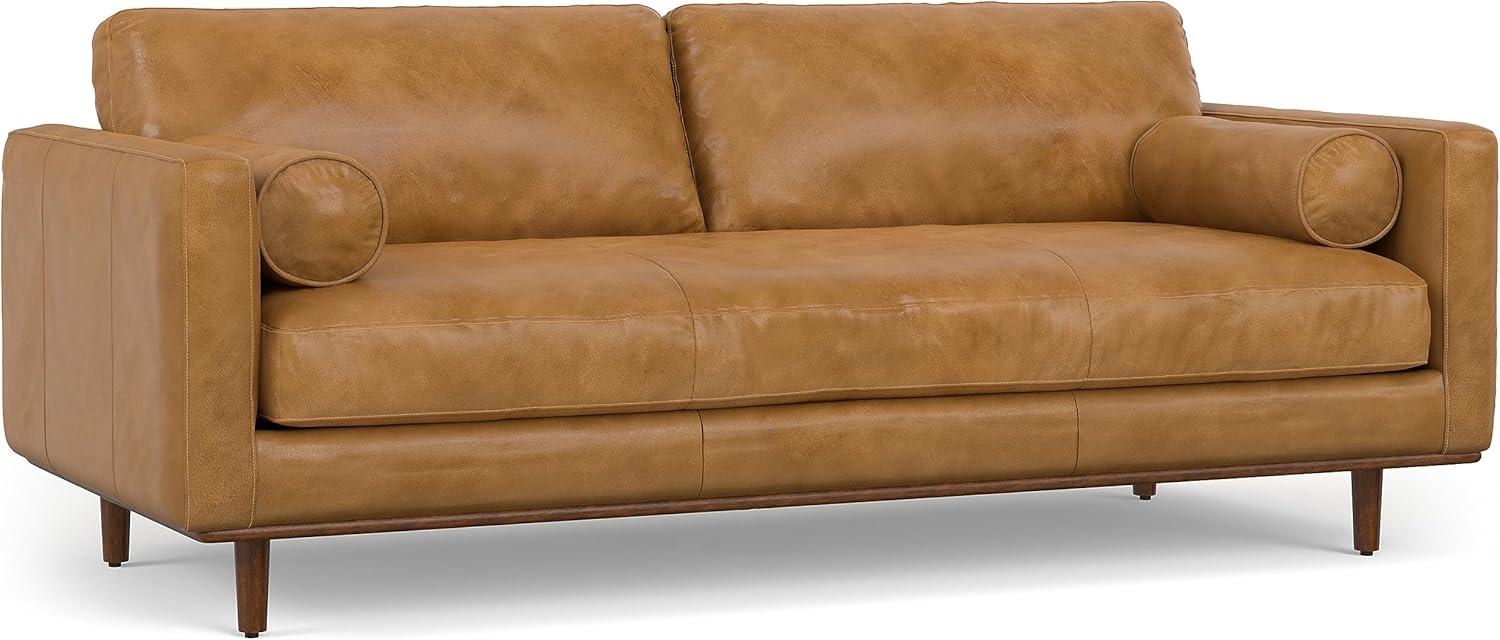 Simpli Home Morrison Genuine Leather Sofa, Mid-Century Modern Couch for Living Room, Handcrafted with Removable Cushions