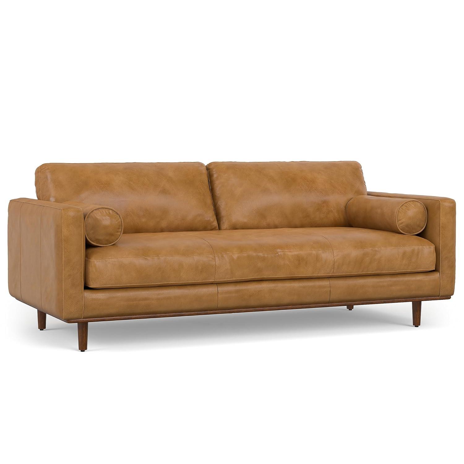 Simpli Home Morrison Genuine Leather Sofa, Mid-Century Modern Couch for Living Room, Handcrafted with Removable Cushions
