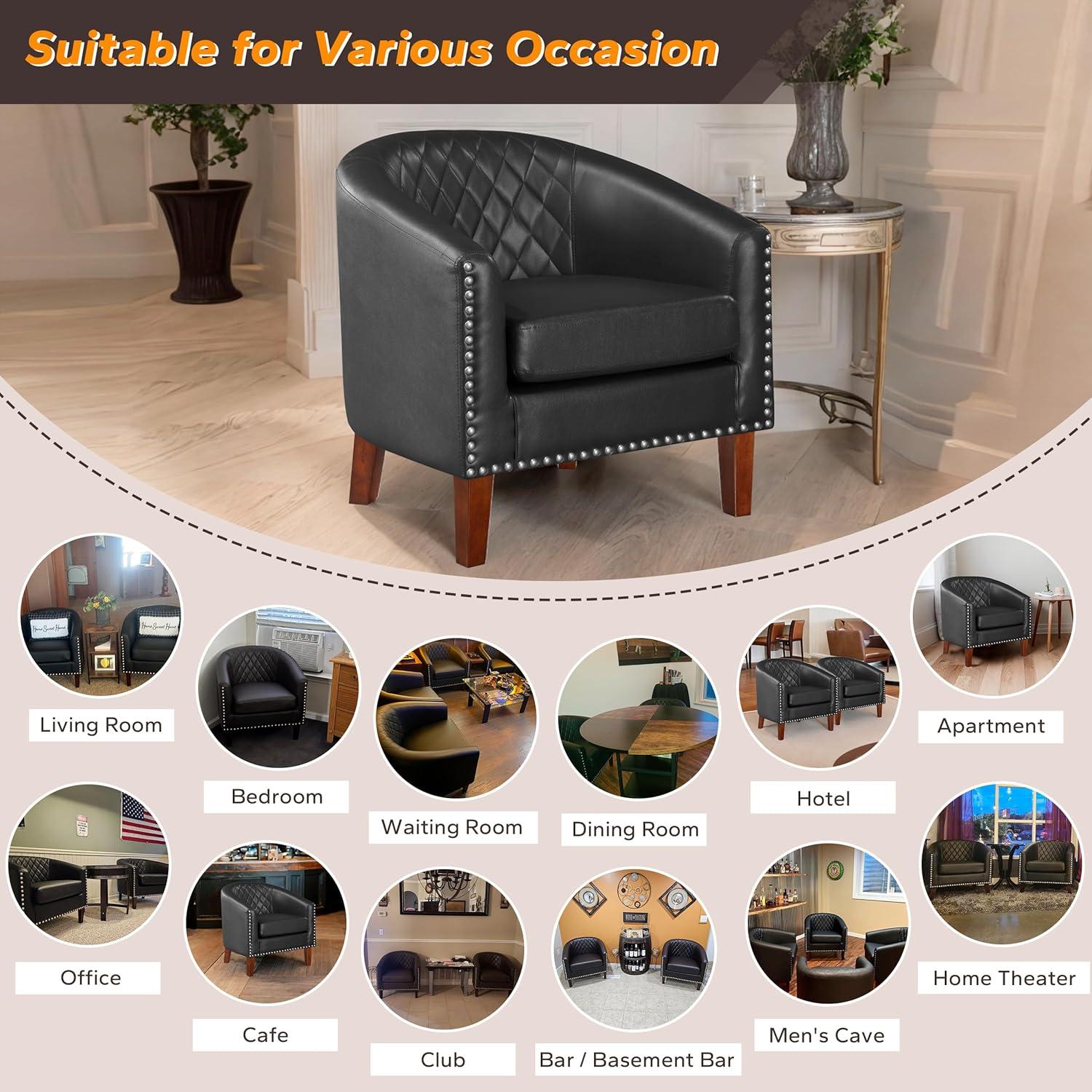 Prilinex Comfy Barrel Accent Chair Set of 2 - Faux Leather Living Room Chair Club Chair with Cushion, Diamond Grid Backrest & Nailhead Trim, Guest Chair for Office, Bedroom & Waiting Room, Black