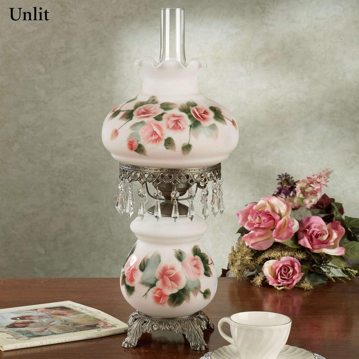 Adelaide Hurricane Table Lamp with Handpainted Pink Roses on Scalloped Glass Shade and Faux Crystal Beads 24 Inches High