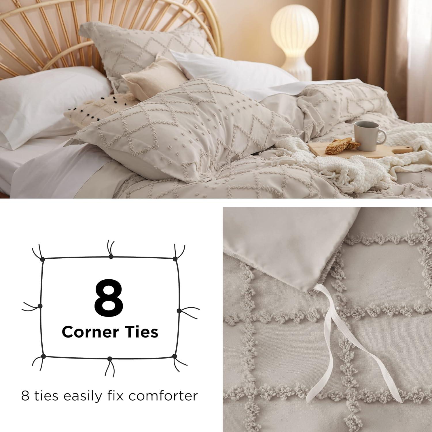 King Size White Tufted Boho Embroidery Duvet Cover Set