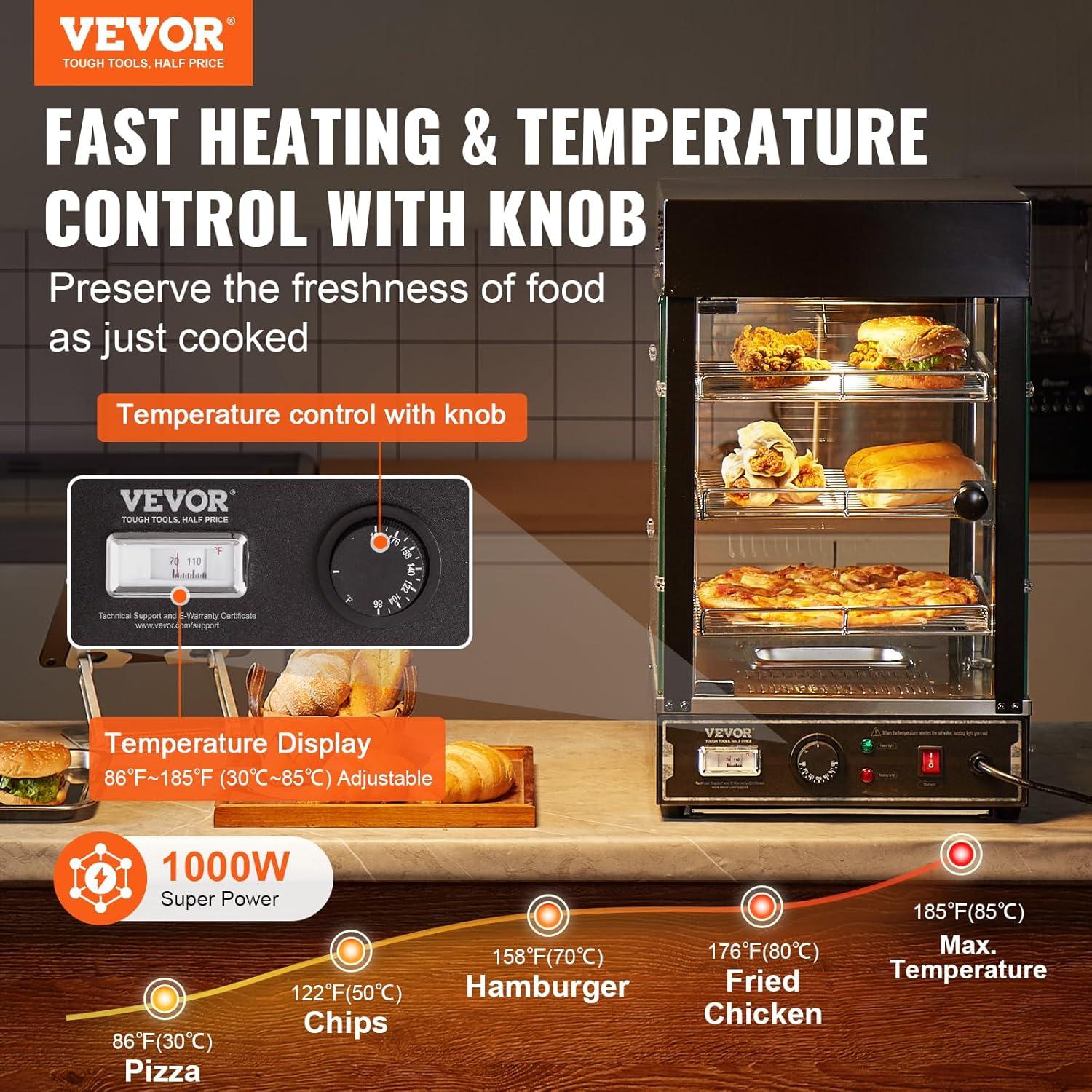 VEVOR 3-Tier Commercial Food Warmer Display, 1000W Food Display Warmer with Light, Adjustable Shelf and Temperature Display, 86℉~185℉ Steam Heating, 57L for Hamburger, Pizza, Bread, Fried Chicken