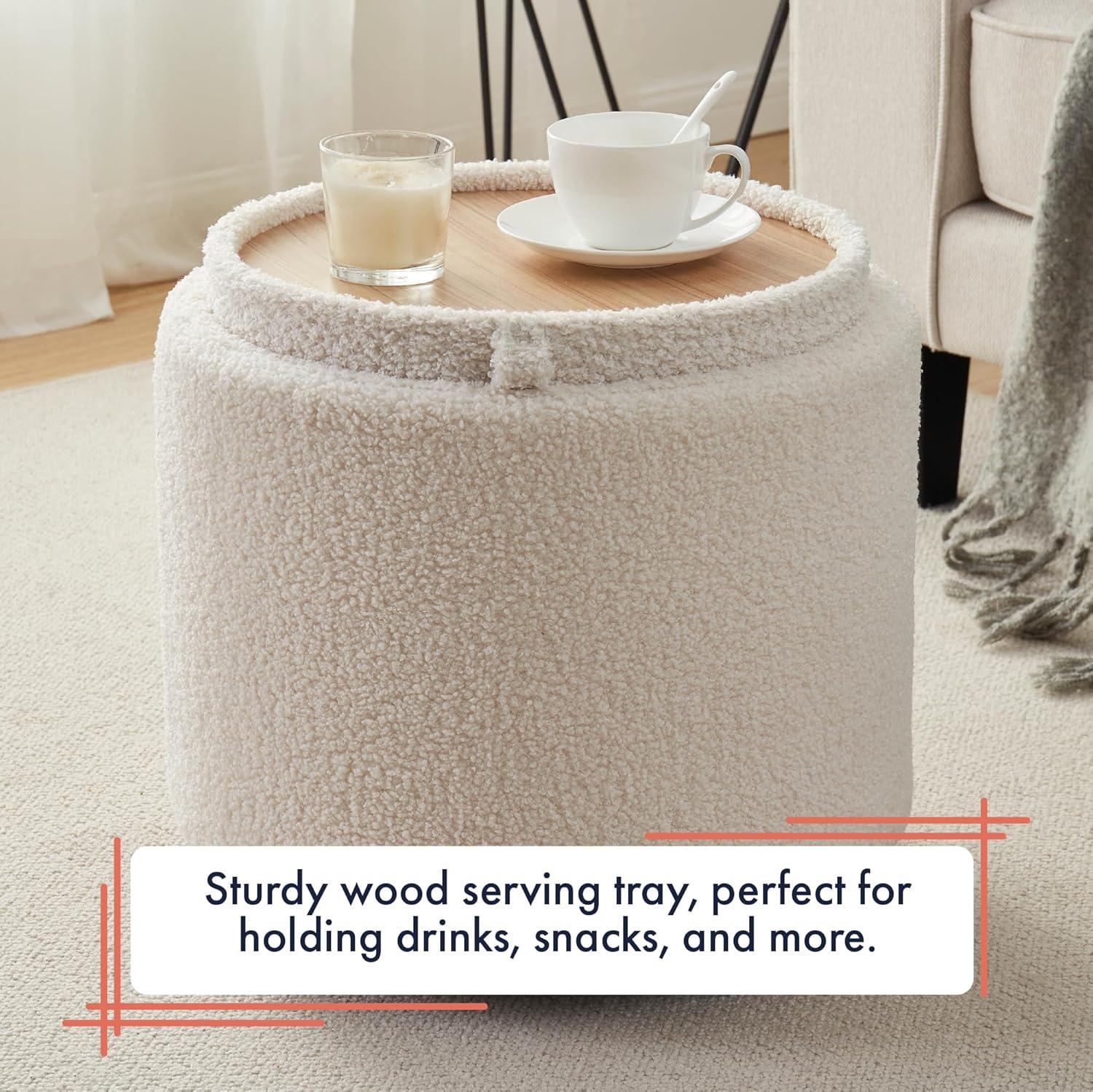 Ornavo Home Lawrence Round Storage Ottoman with Table Top Lid - Velvet Cream