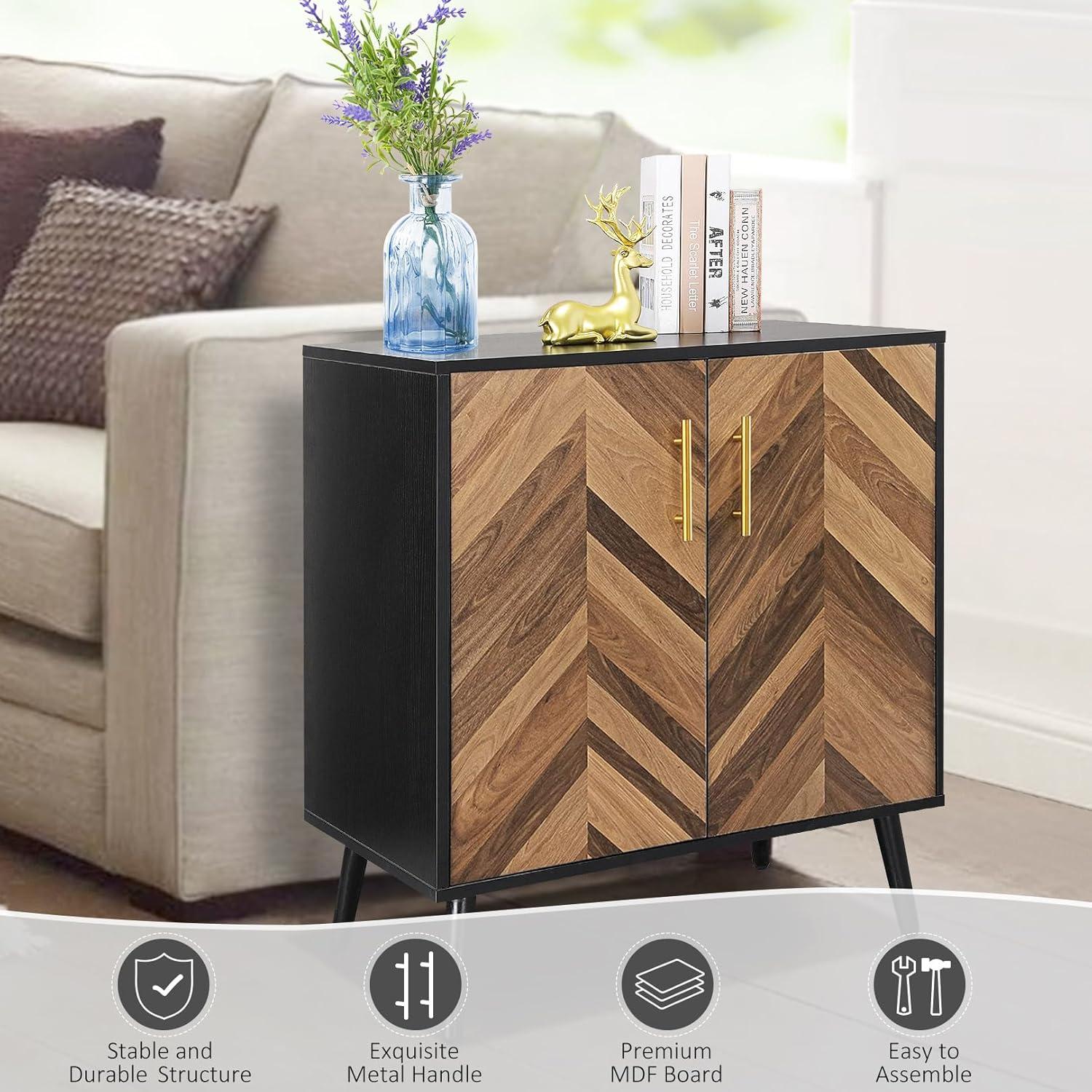 Accent Cabinet, Black Storage Cabinet with Doors Mid Century Modern Sideboard Buffet Cabinet with Storage Shelves Small Wood Accent Cabinets for Living Room Entryway Office, Brown Herringbone