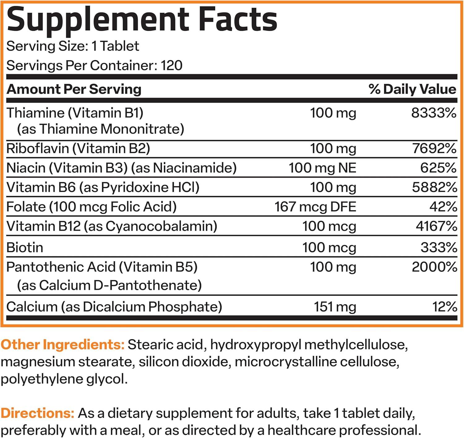 Bronson Vitamin B 100 Complex High Potency Sustained Release (Vitamin B1, B2, B3, B6, B9 - Folic Acid, B12), 120 Tablets