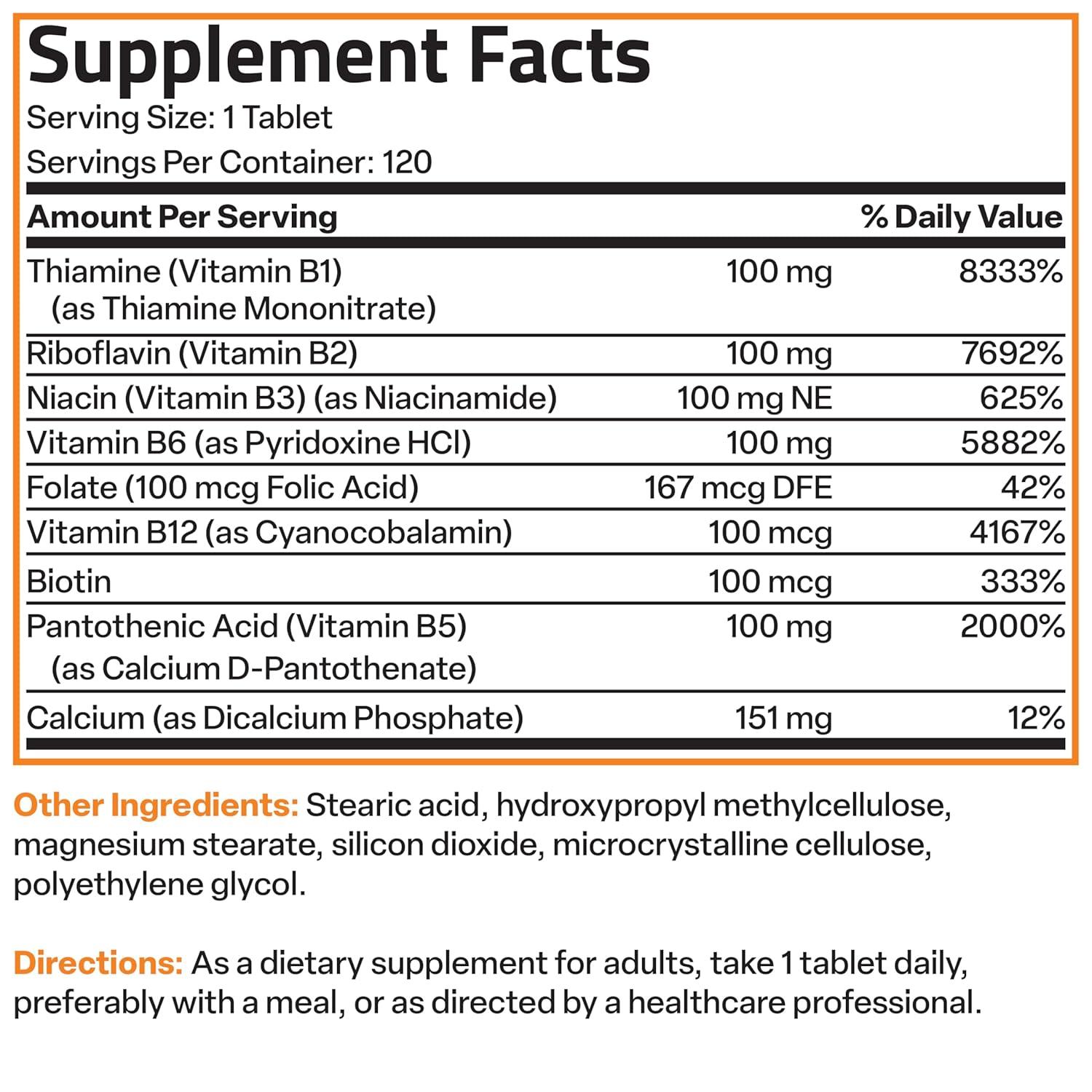 Bronson Vitamin B 100 Complex High Potency Sustained Release (Vitamin B1, B2, B3, B6, B9 - Folic Acid, B12), 120 Tablets