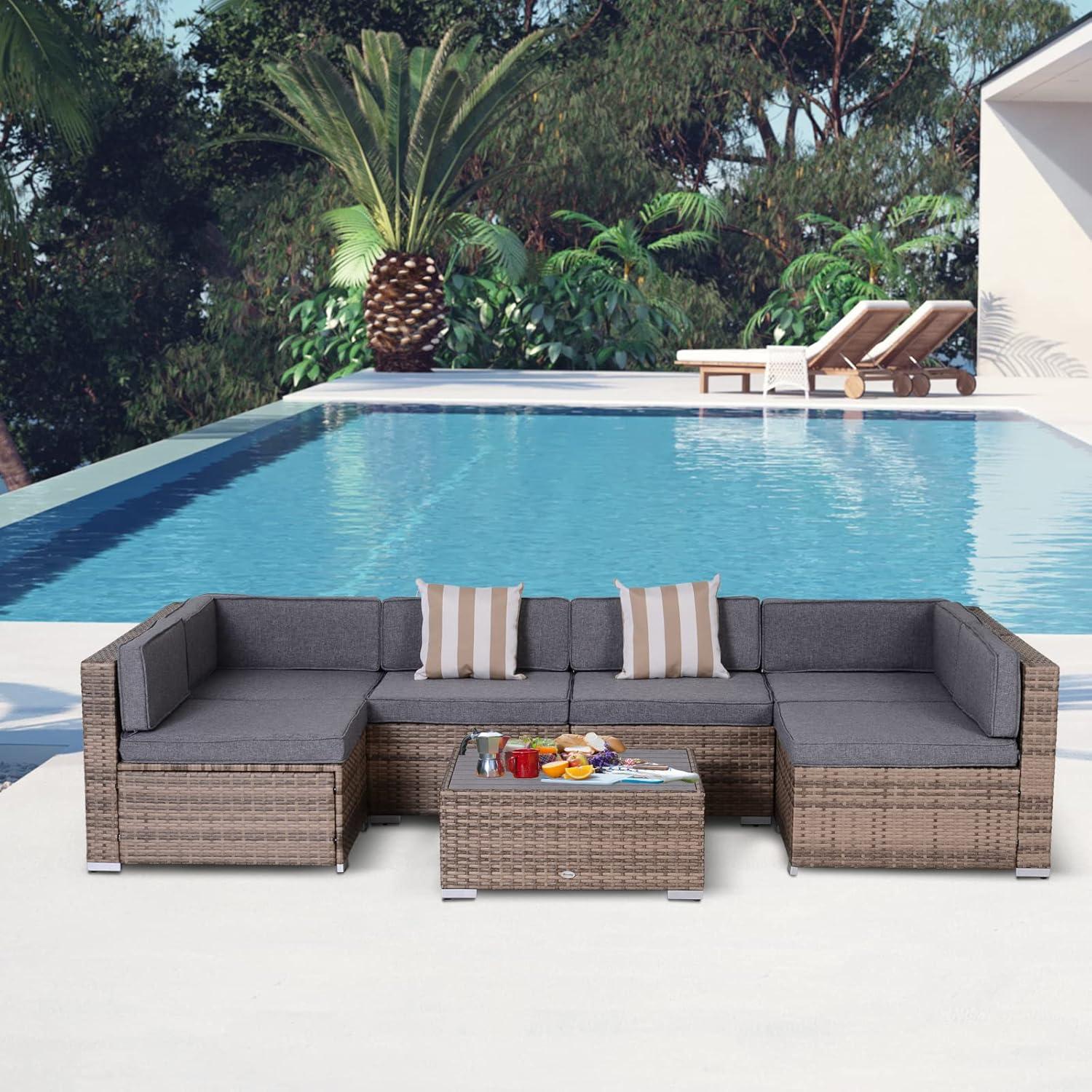 Outsunny 7-Piece Patio Furniture Set, Outdoor Wicker Conversation Set, All Weather PE Rattan Sectional Sofa w/ Faux Wood Table, Stripe Pillows, Gray