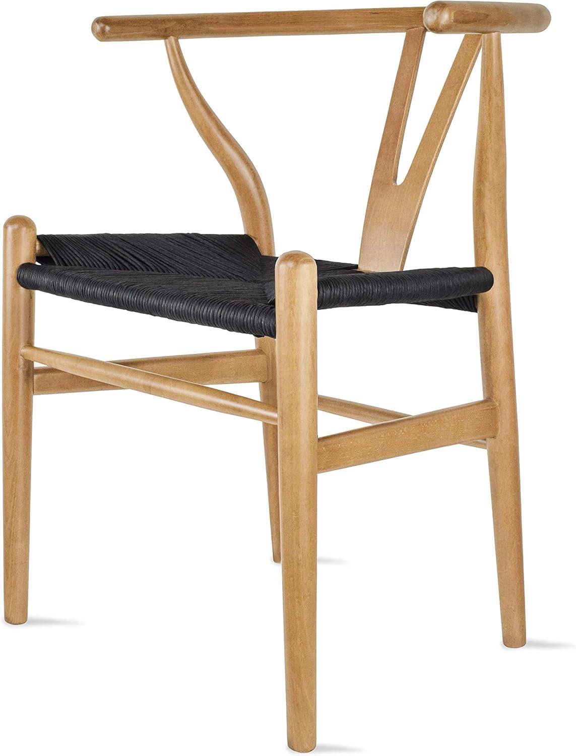 2xhome Set of 2 Wishbone Solid Wood Armchairs with Arms Open Y Back Farmhouse Dining Office Chairs with Woven Black Seat, Natural