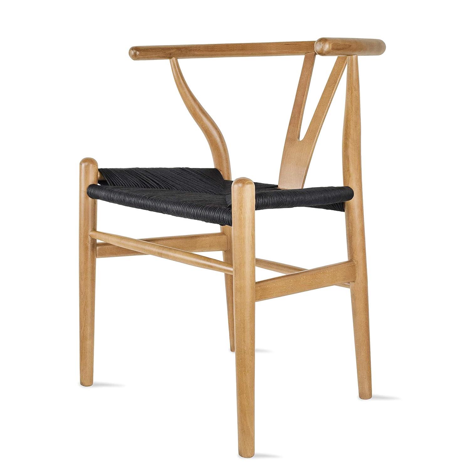 2xhome Set of 2 Wishbone Solid Wood Armchairs with Arms Open Y Back Farmhouse Dining Office Chairs with Woven Black Seat, Natural