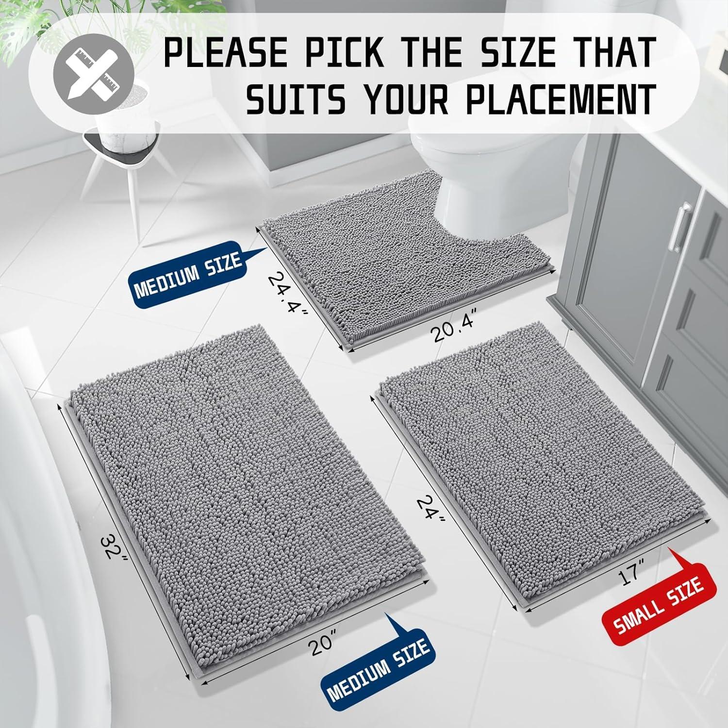 CHENHAINAN Bathroom Rug Mat, 24'' x 17'', Luxury Chenille Shaggy Bath Rugs, Extra Soft & Thick, Absorbent Water, Non-Slip, Machine Washable, Bath Mats for Bath Floor,Tub and Shower, Gray