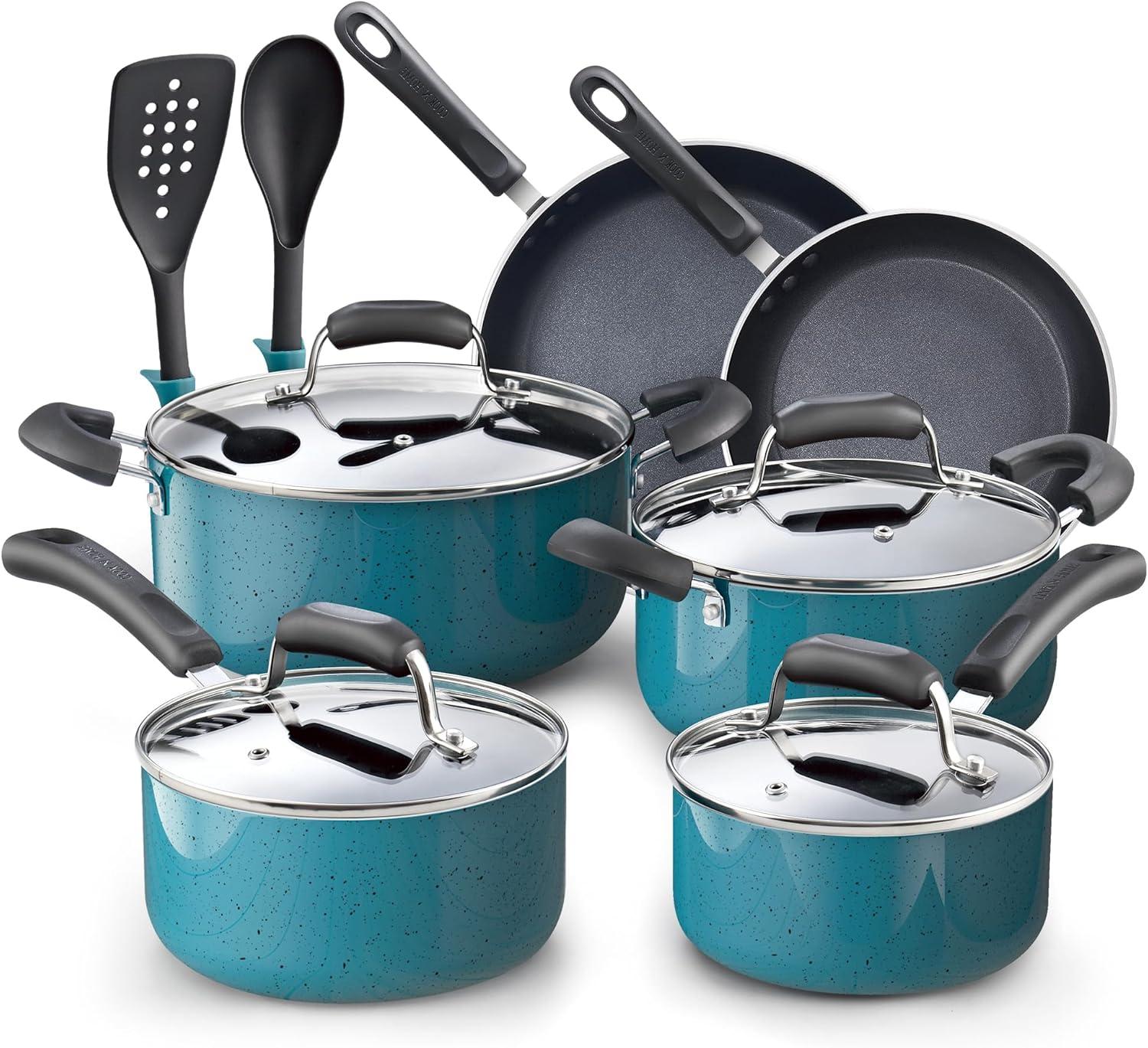 Turquoise Aluminum Nonstick 12-Piece Cookware Set with Lids