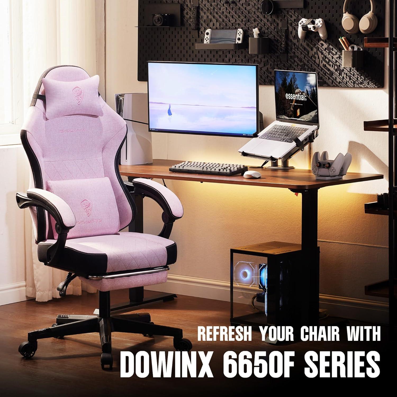 Dowinx Fabric Gaming Chair with Massage Lumbar Support, High Back Ergonomic Computer Chair with Footrest for Adult, Pink