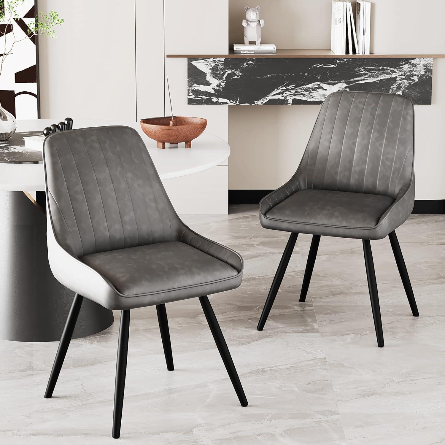 Alunaune Upholstered Dining Chairs Set of 2 Modern Faux Leather Armless Kitchen Chairs, Mid Century Leisure Accent Chair Living Room Desk Side Chair with Metal Legs-Grey