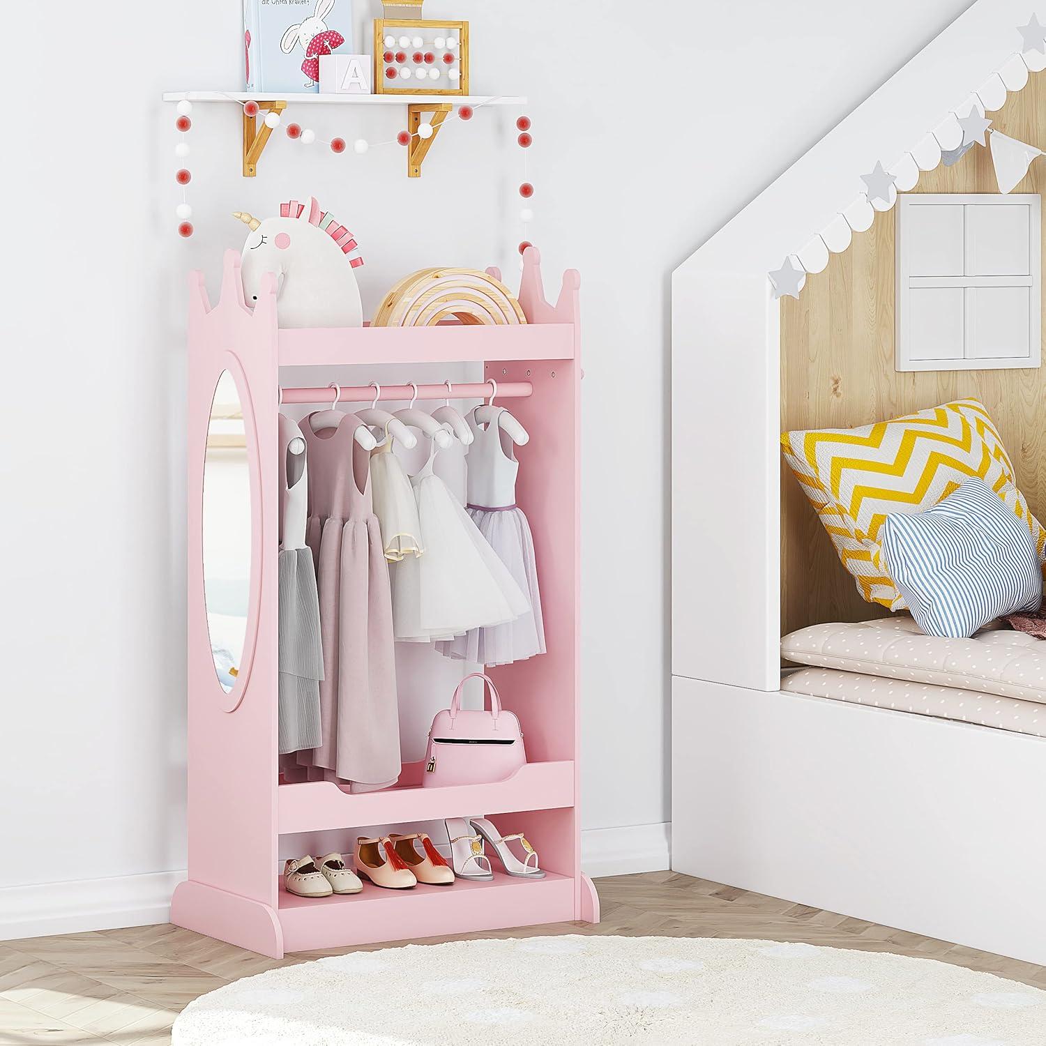 Kids Pink Costume Organizer with Mirror - Open Hanging Armoire Rack for Dress-Up Play and Storage