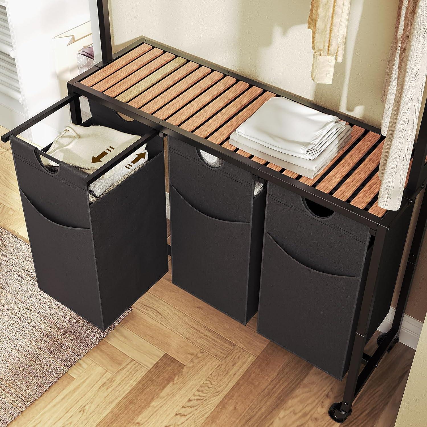 Laundry Sorter, Laundry Hamper with Hanging Rack, Laundry Sorter 2 Section, Laundry Basket with Wheels, Hampers for Laundry, Laundry Basket Organizer for Laundry Room, Rustic Brown LS27BR